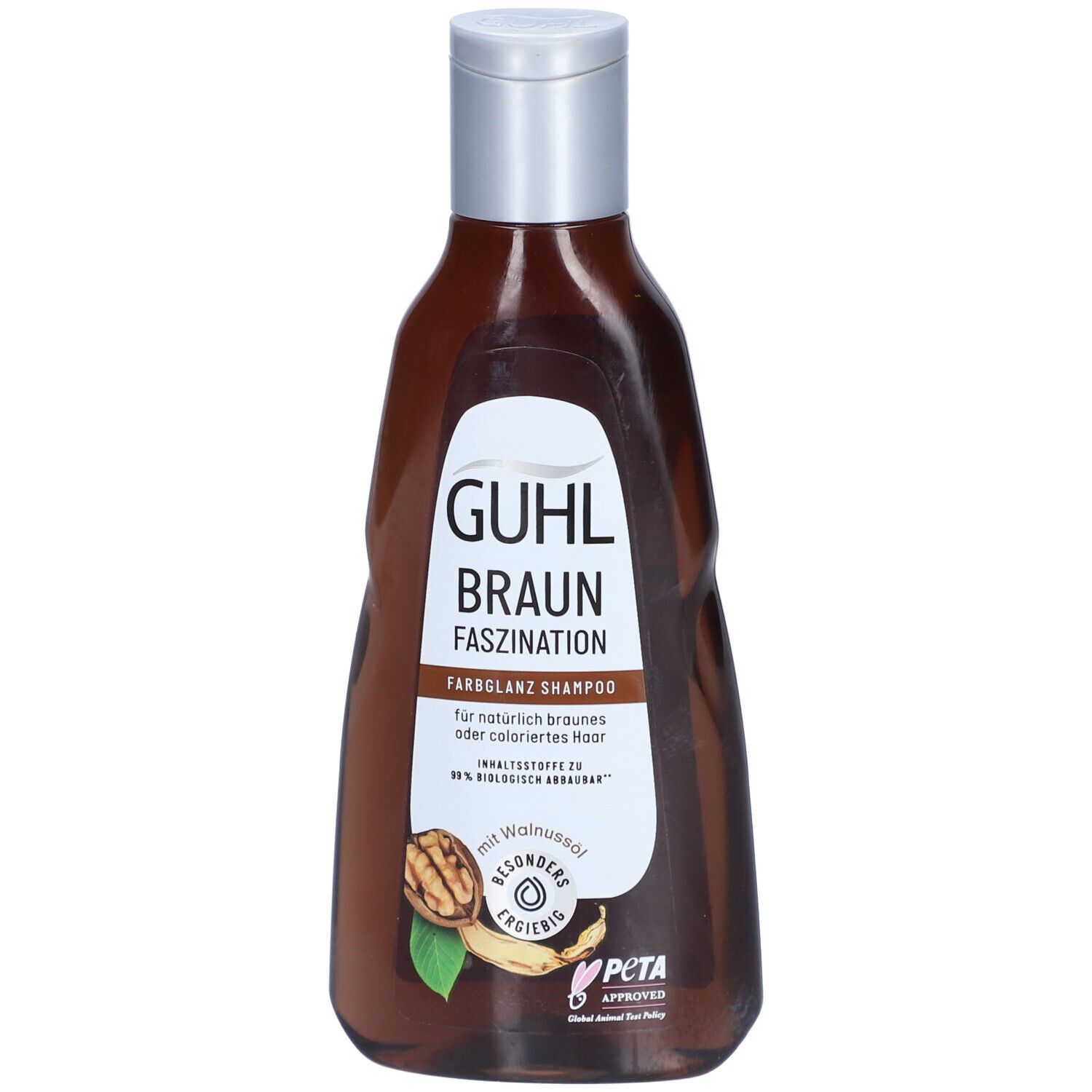 GUHL Braun Faszination Shampoo. Braune Flasche mit silbernem Deckel. Walnuss-Abbildung. PETA-Logo.