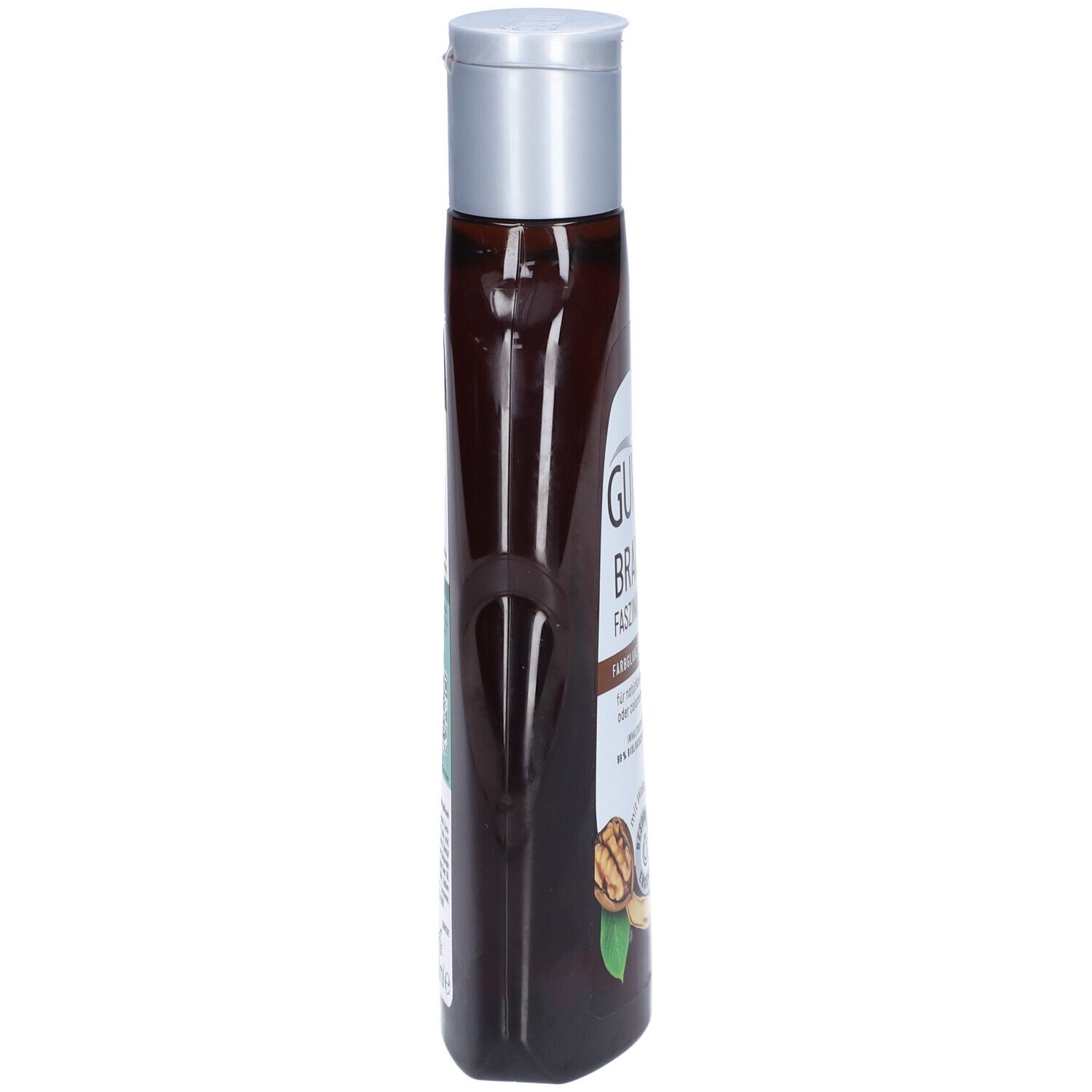 GUHL Braun Faszination Shampoo. Braune Flasche, silberner Deckel. Seitenansicht. Text und Walnuss-Abbildung.