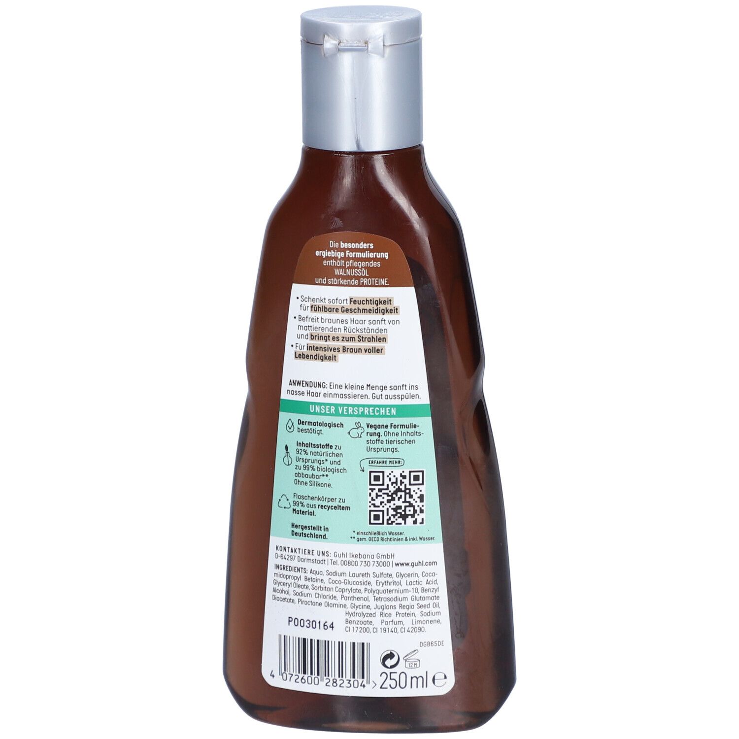 GUHL Braun Faszination Shampoo. Rückseite der braunen Flasche. Text, QR-Code, Inhaltsstoffe und 250ml.