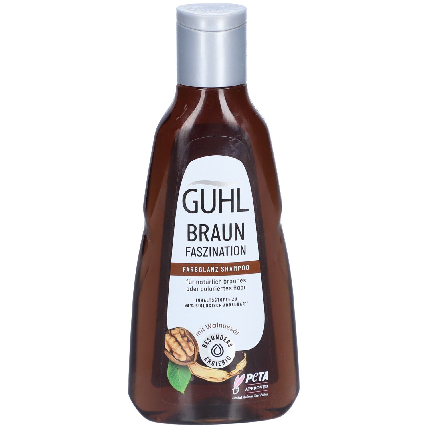 GUHL Braun Faszination Shampoo. Braune Flasche, silberner Deckel. Walnuss-Abbildung. PETA-Logo.