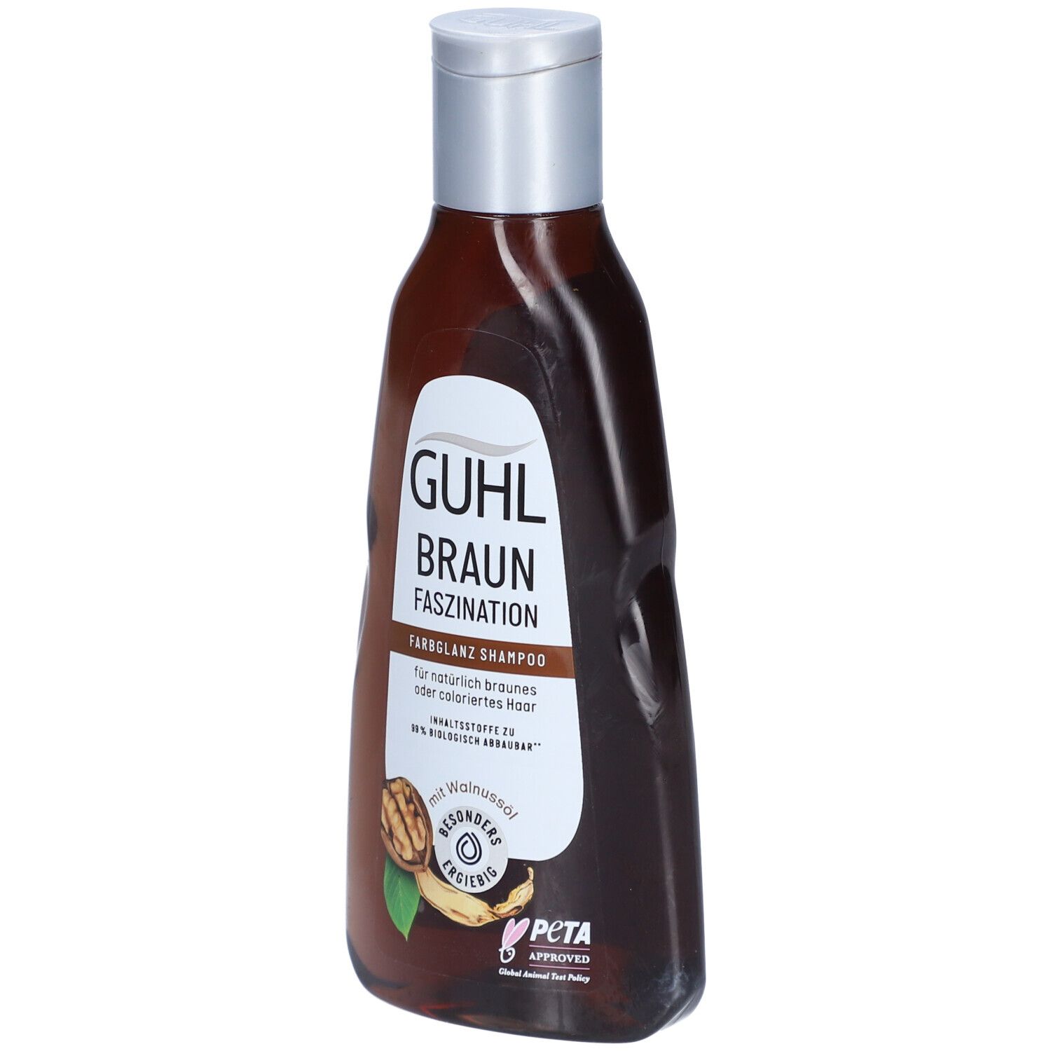 GUHL Braun Faszination Shampoo. Braune Flasche, silberner Deckel. Walnuss-Abbildung. PETA-Logo.