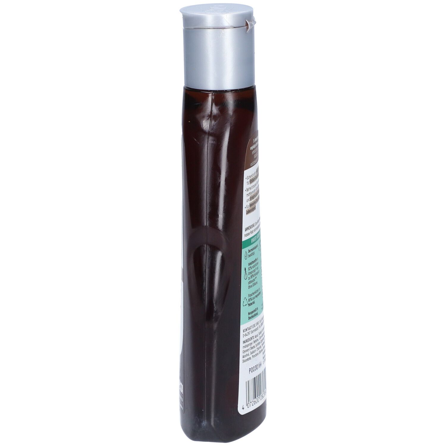 GUHL Braun Faszination Shampoo. Braune Flasche, silberner Deckel. Seitenansicht. Text.