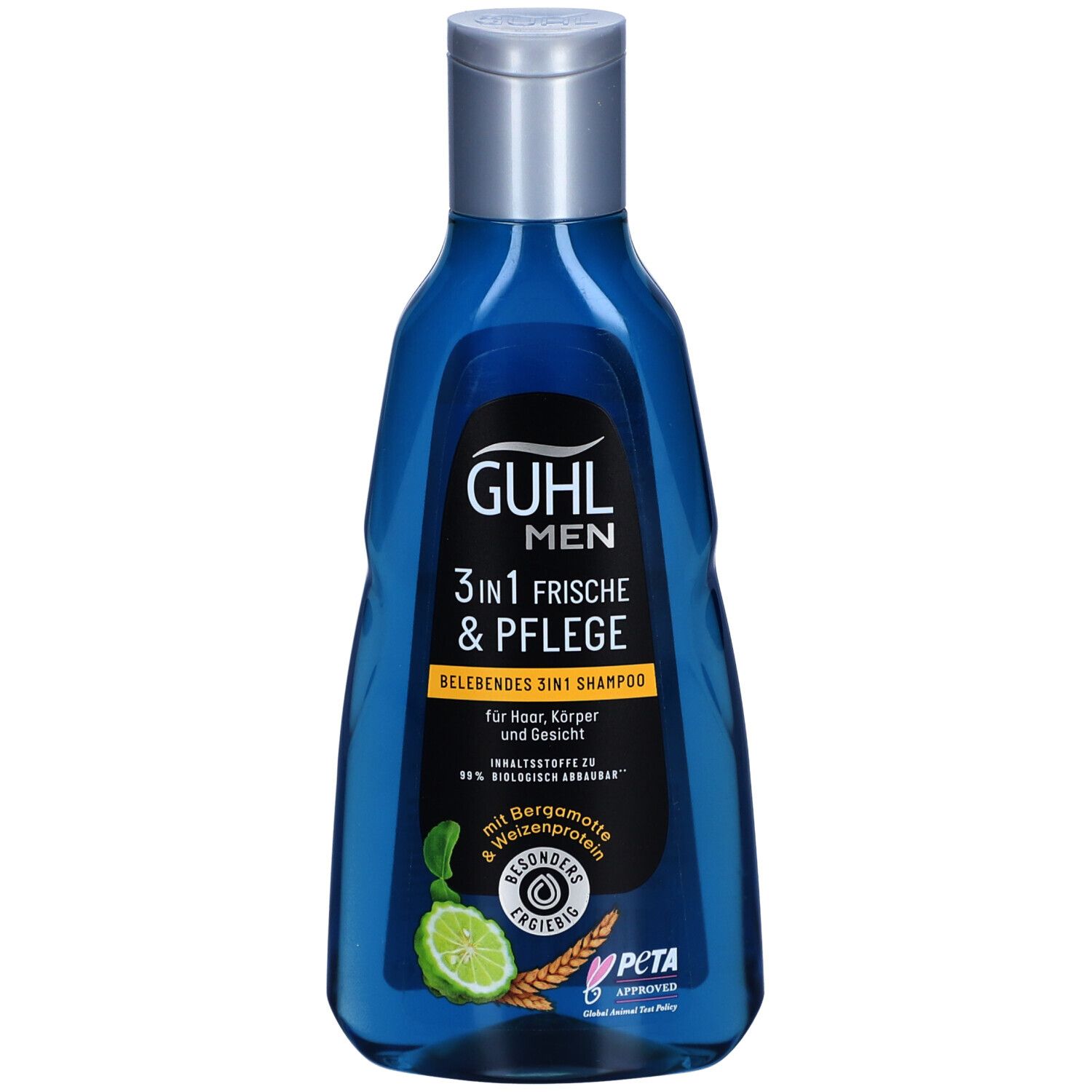Blaue Flasche GUHL Men 3in1 Shampoo. Silberner Deckel. Text: Frische & Pflege, Bergamotte & Weizenprotein. PETA-Logo.