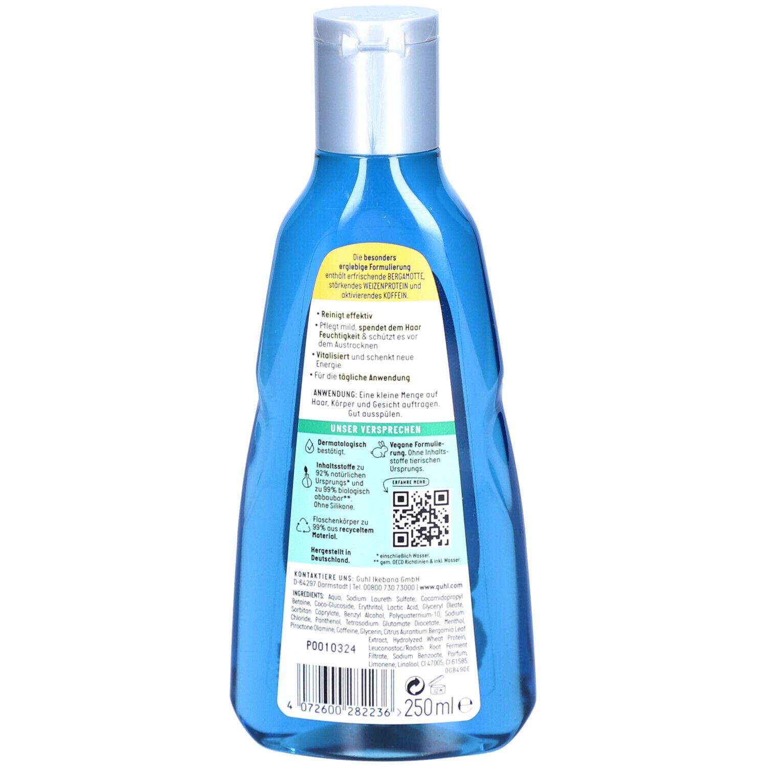 Rückseite der blauen GUHL Men Shampoo-Flasche. Text und QR-Code. Inhaltsstoffe und Herstellerangaben. PETA-Logo.