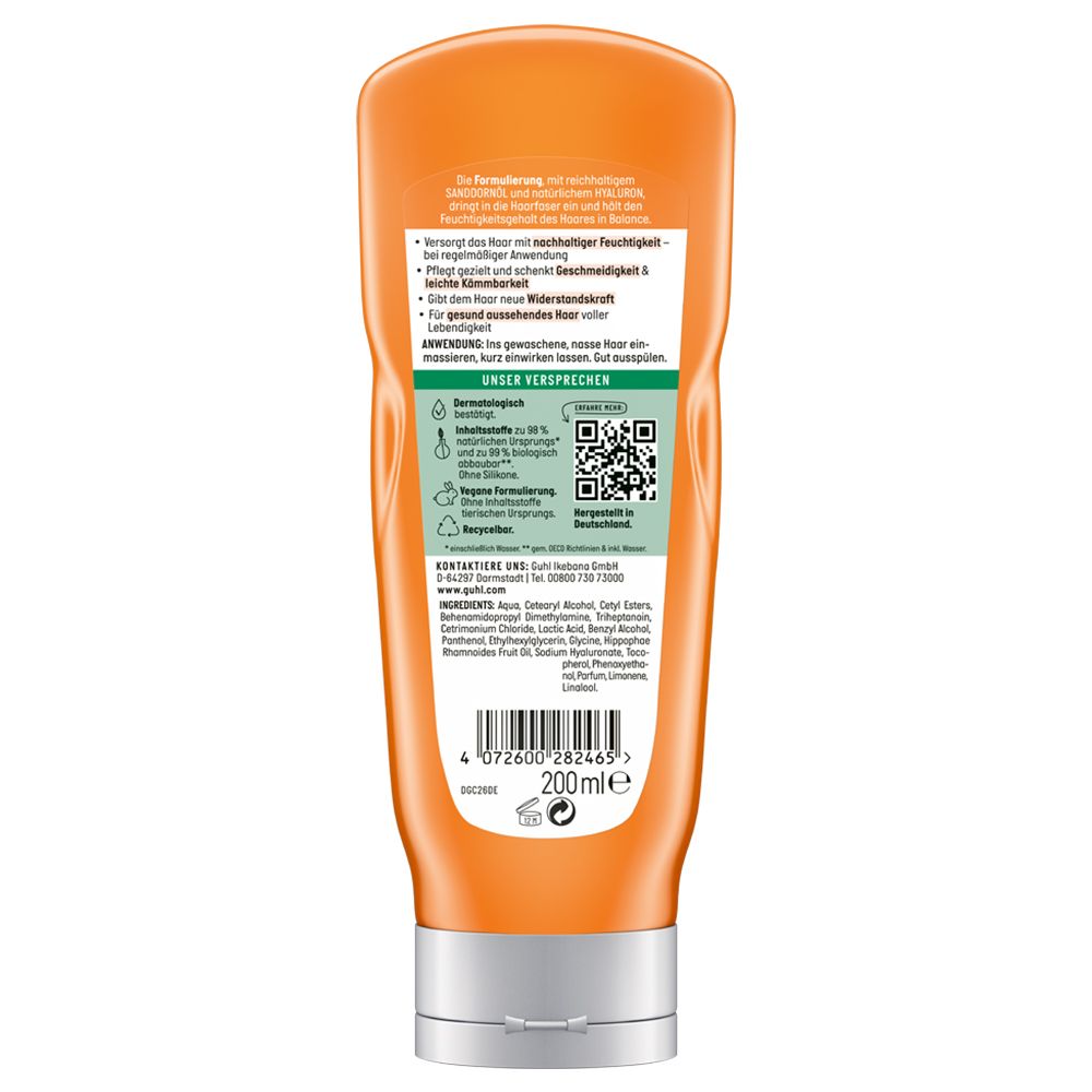 Rückseite einer orangefarbenen Flasche. Text mit Inhaltsstoffen, QR-Code und Zertifizierungen. Volumen: 200ml.