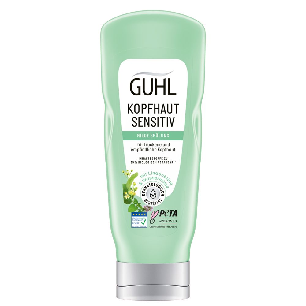 GUHL Kopfhaut Sensitiv Spülung, grüne Flasche. Text: Milde Spülung, für trockene und empfindliche Kopfhaut. Dermatologisch getestet. PETA-Logo.
