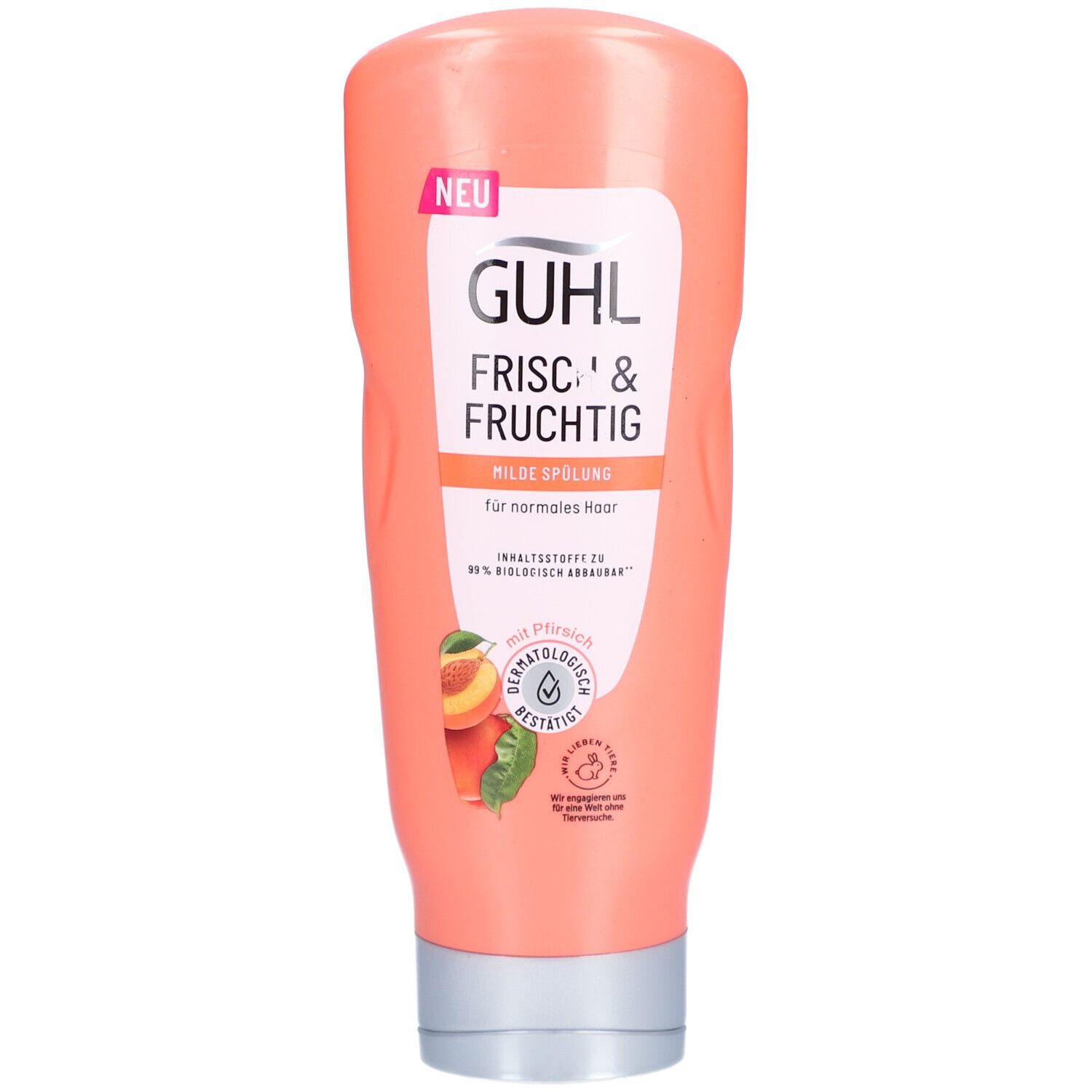 GUHL Shampoo-Flasche, rosa, mit Etikett. Aufschrift: FRISCH & FRUCHTIG, mildes Shampoo. Mit Pfirsich-Abbildung.