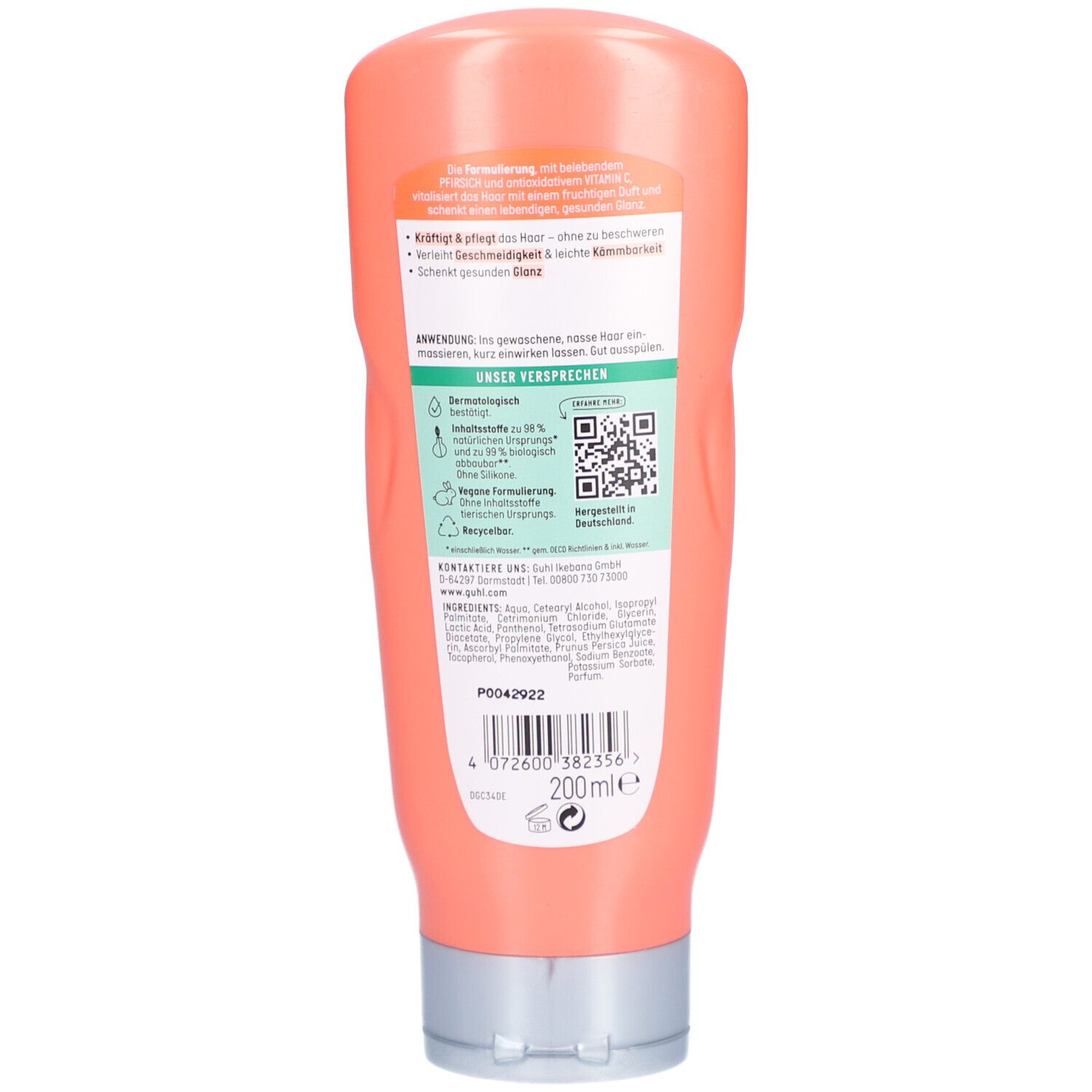 Rückseite der GUHL Shampoo-Flasche. Rosa Flasche mit weißem Etikett. Text: Inhaltsstoffe, Vegan, Dermatologisch getestet, QR-Code.