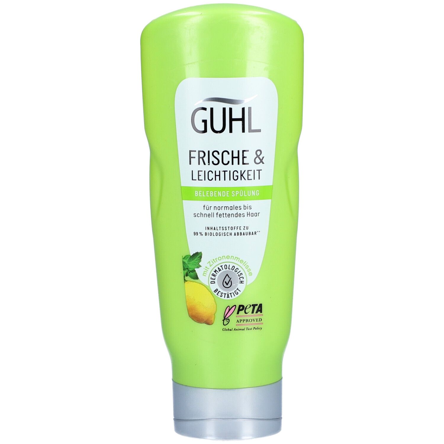 Flacon vert avec étiquette blanche. Logo GUHL, "Frische & Leichtigkeit" et "Belebende Spülung". Illustration de citron. Logo PETA.