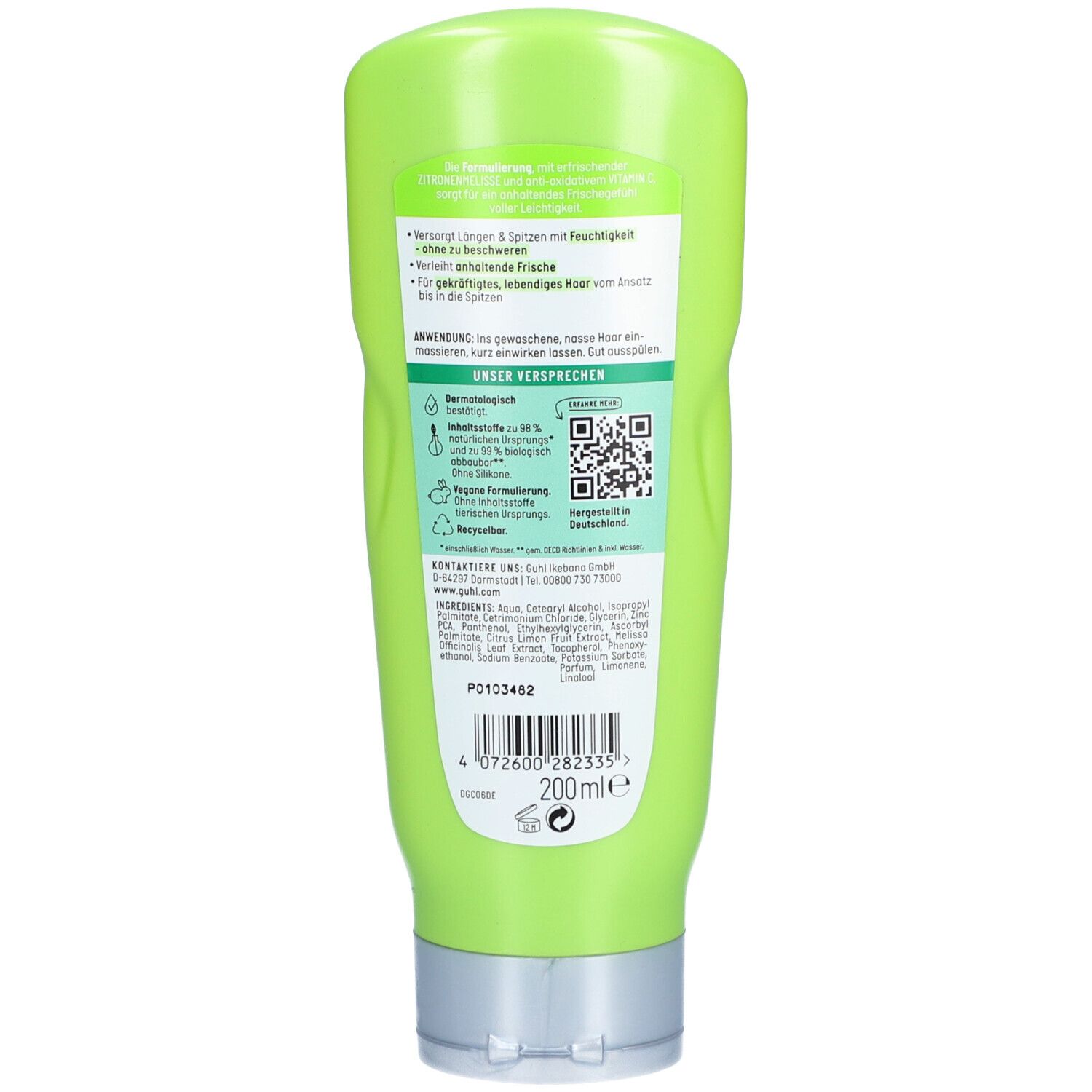 Dos du flacon vert. Informations textuelles, code QR, ingrédients et informations fabricant. Logo PETA. Volume: 200ml.
