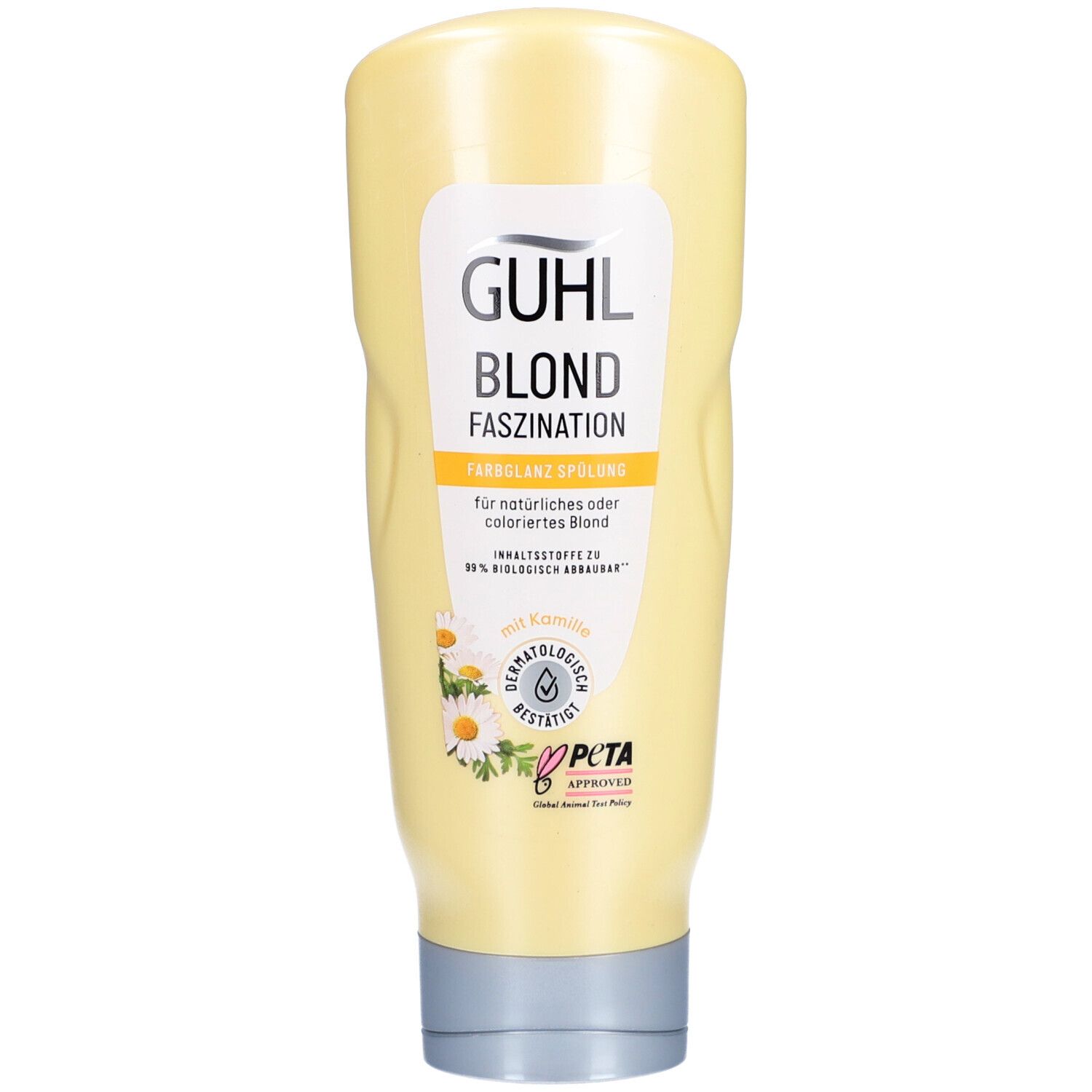GUHL Blond Fascination Conditioner. Gelbe Flasche mit weißem Etikett. Aufschrift: Blond, Kamille, dermatologisch getestet.