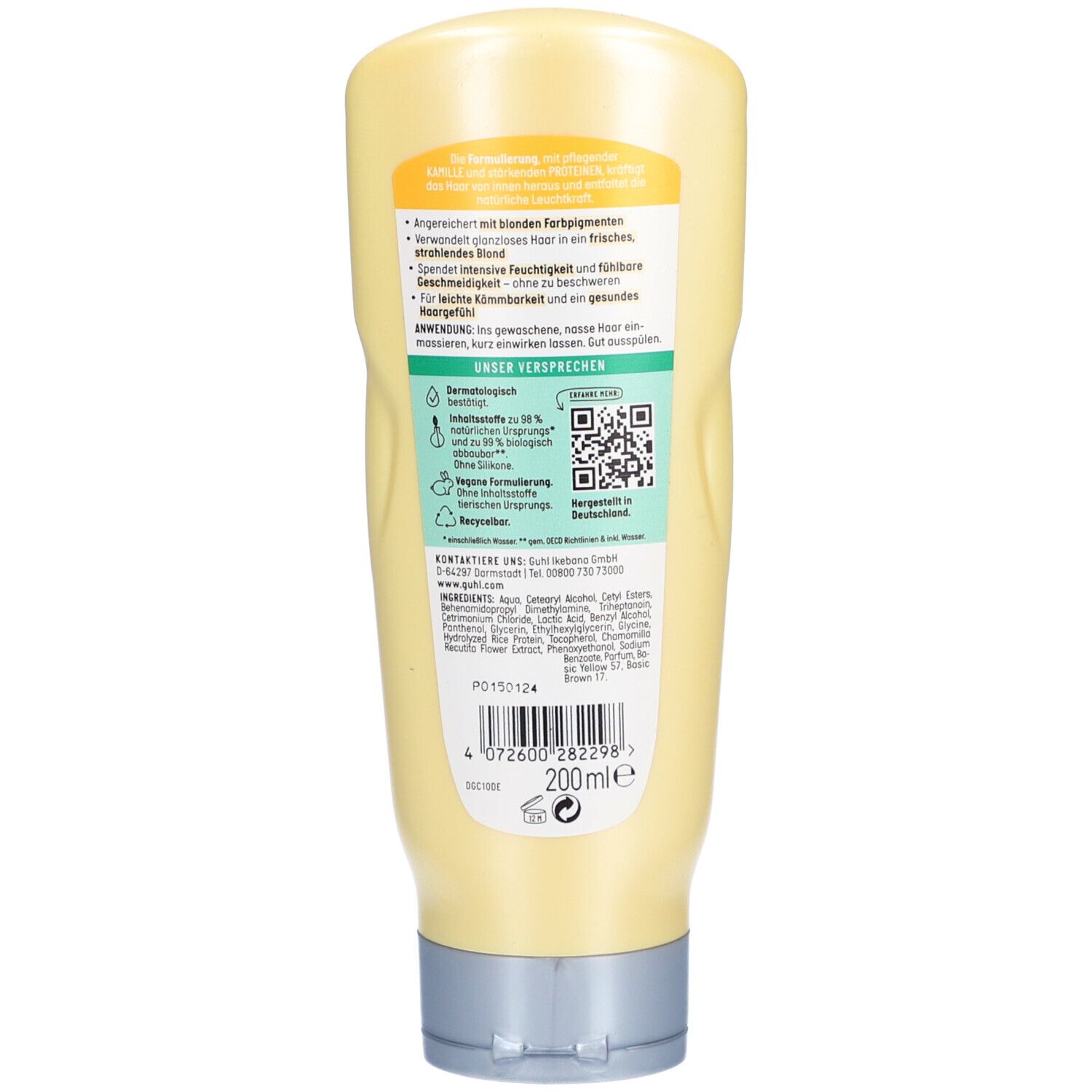 Rückseite der GUHL Blond Fascination Conditioner Flasche. Text mit Produktinformationen und Inhaltsstoffen. QR-Code und 200ml.