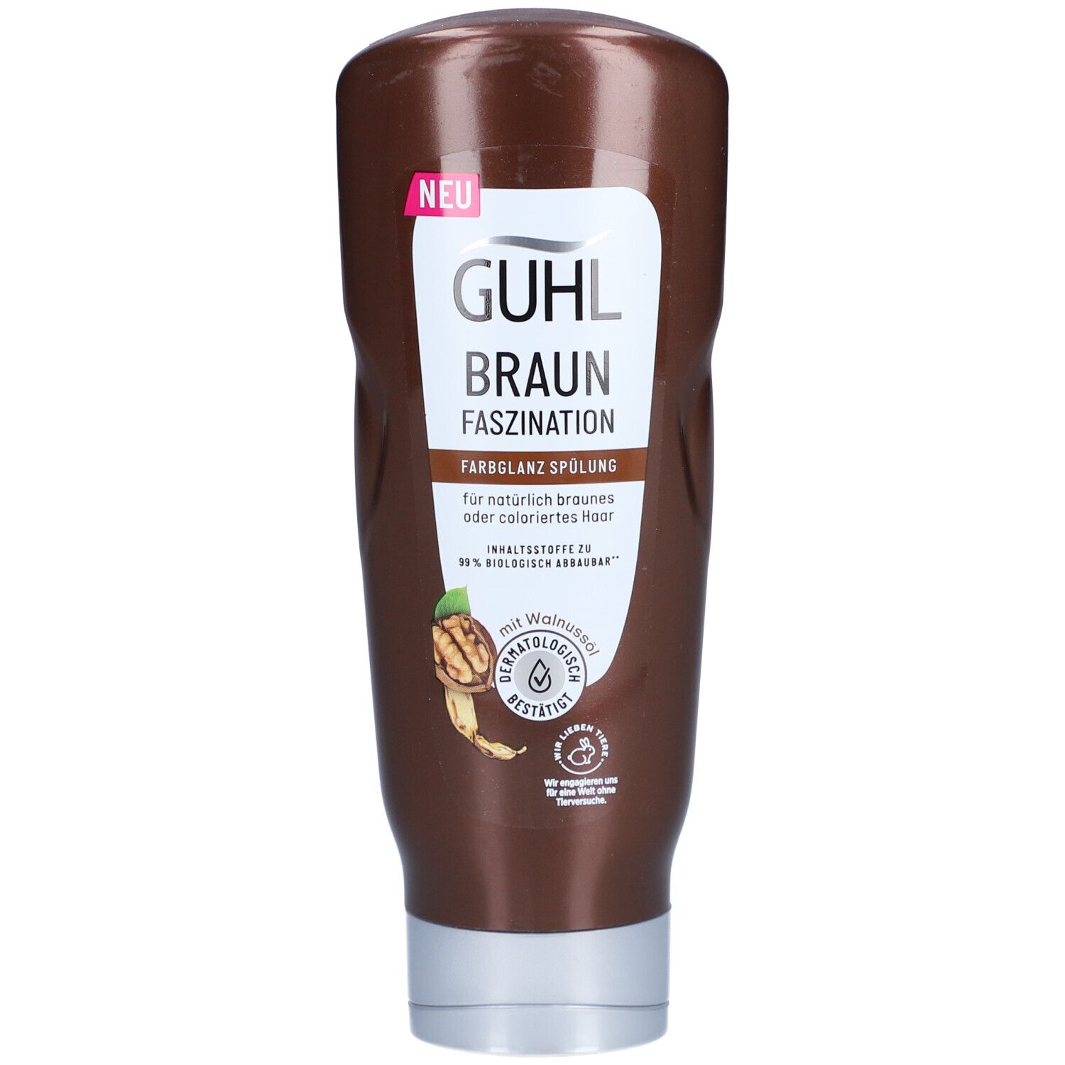 Braune Flasche mit GUHL-Etikett. Text: BRAUN FASZINATION, Farbglanz Spülung. Mit Walnussextrakt. Dermatologisch getestet.