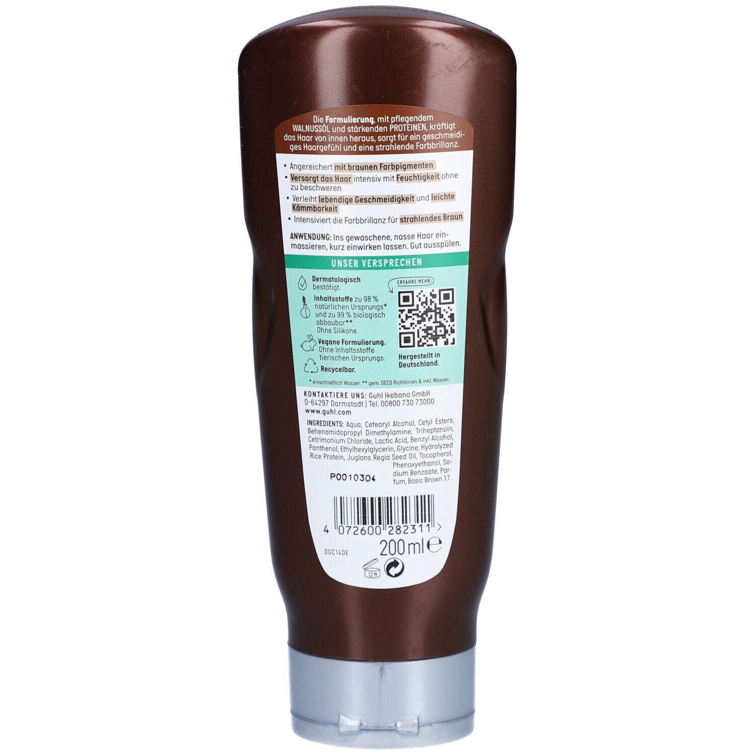 Rückseite der braunen Flasche. Text: GUHL, Farbglanz Spülung. Inhaltsstoffe, QR-Code, Vegan-Siegel, recycelbar. 200ml.