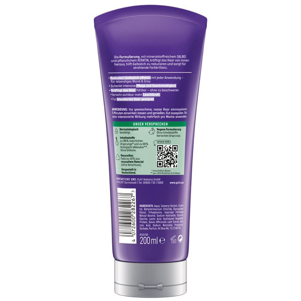 Rückseite der Tube. Textinformationen, Inhaltsstoffe, QR-Code und Logo. 200 ml Volumenangabe.