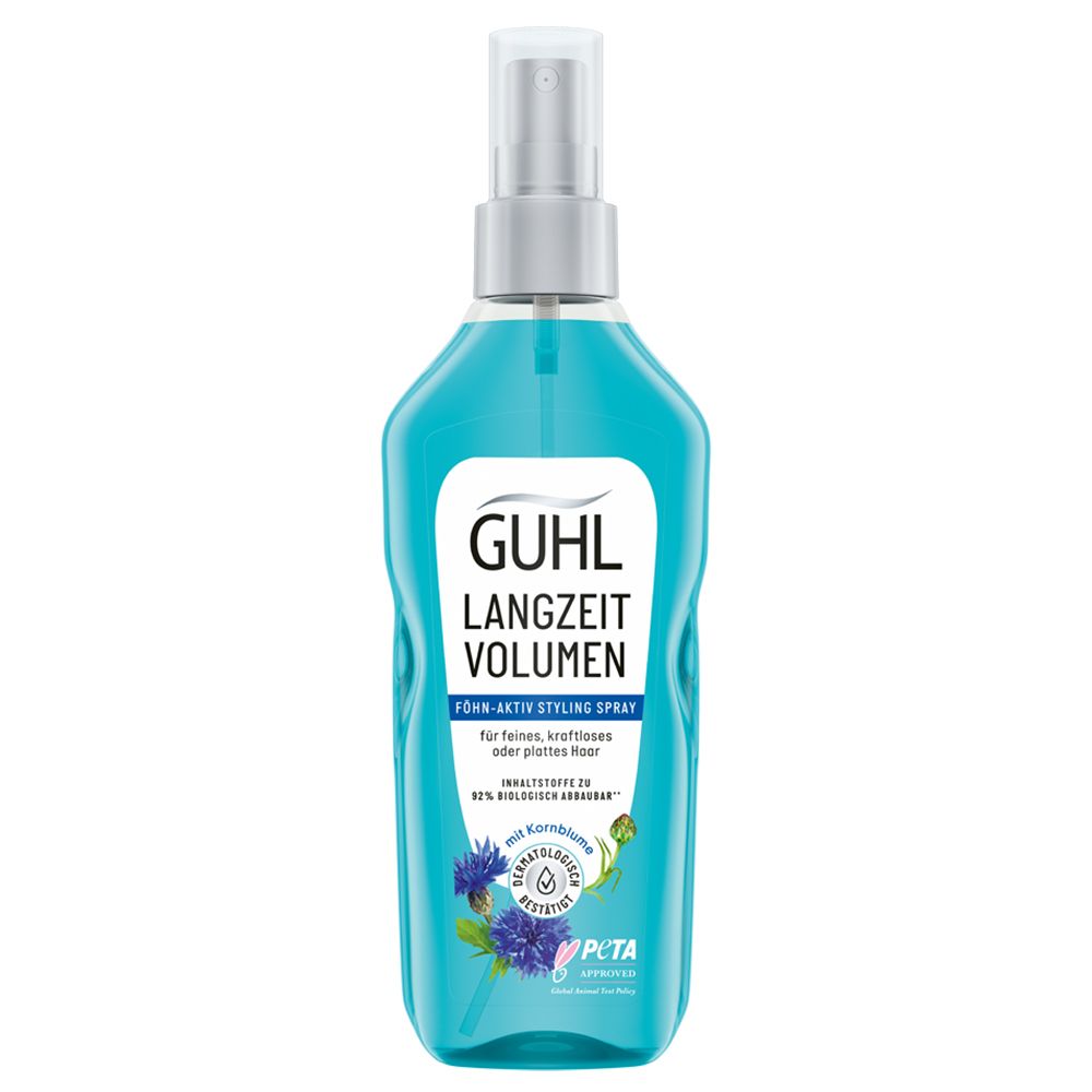 Blau-transparente Flasche mit Sprühkopf. GUHL Langzeit Volumen Föhn-Aktiv Styling Spray. PETA-Logo. Kornblume-Illustration.