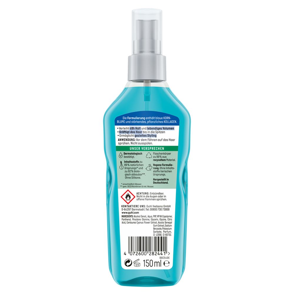 Rückseite der blauen Flasche. Textinformationen, Inhaltsstoffe, Warnhinweise. PETA-Logo. 150ml. Barcode.