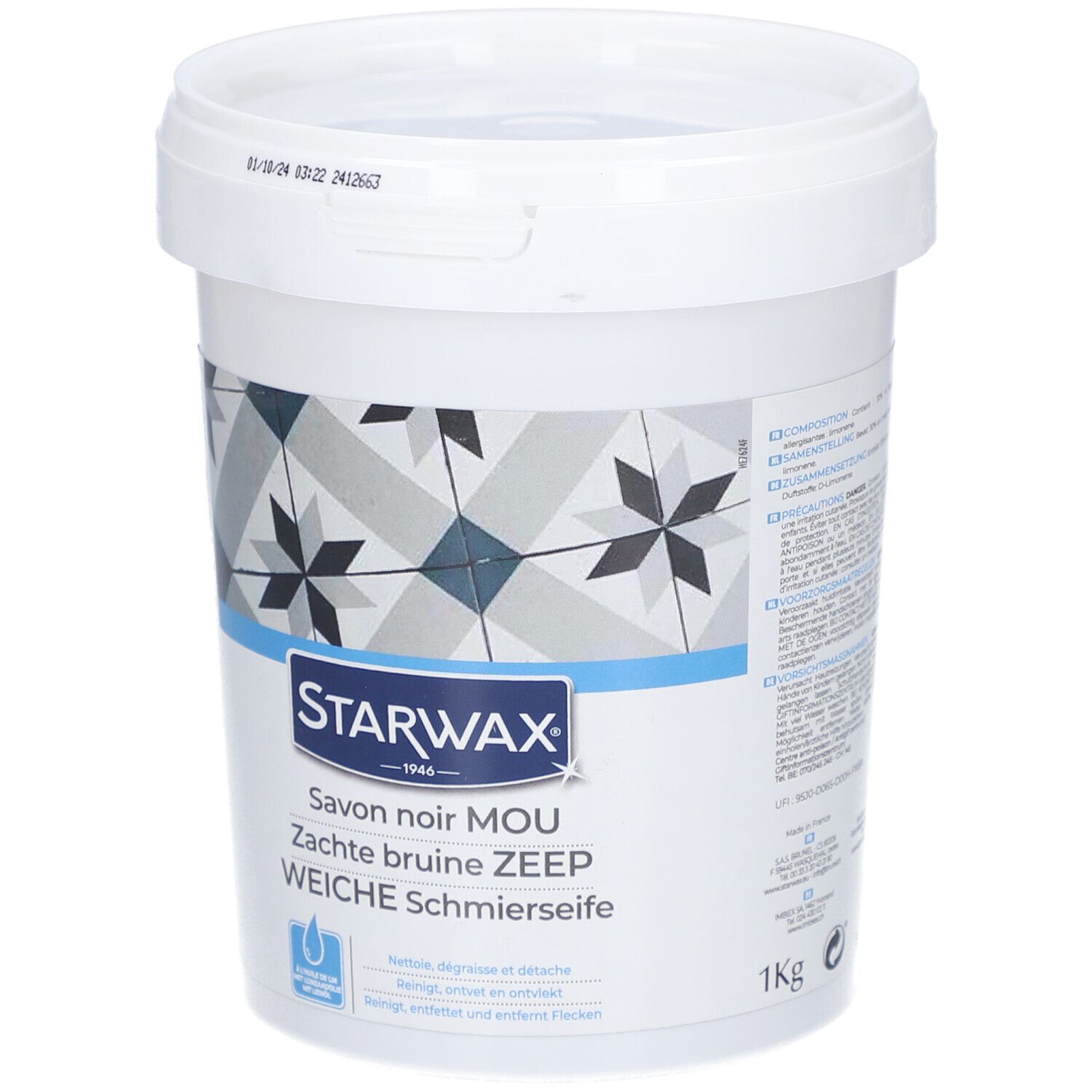Weißer Eimer mit Deckel. Aufschrift: STARWAX, Savon noir MOU, Zachte bruine ZEEP, WEICHE Schmierseife. 1kg.