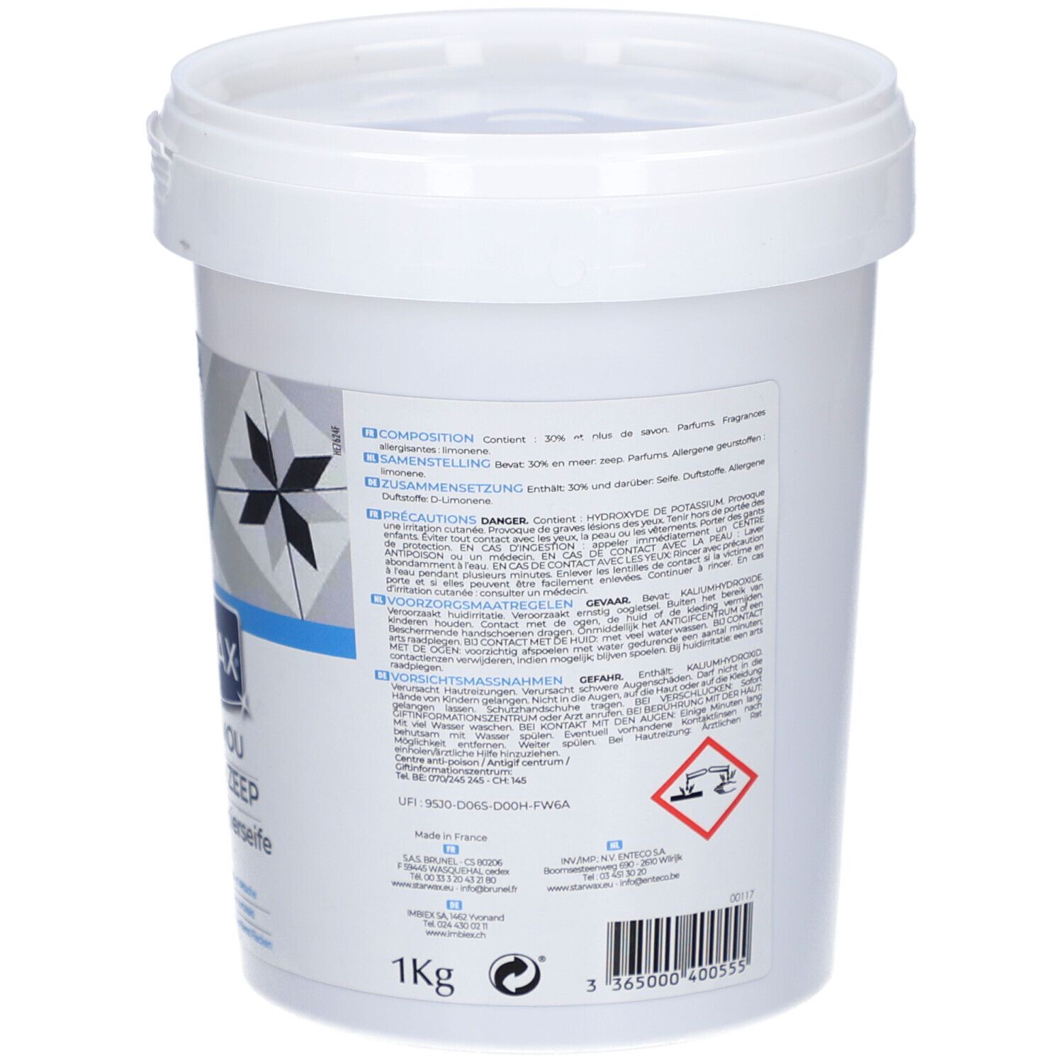 Rückseite eines weißen Eimers. Text über Inhaltsstoffe und Vorsichtsmaßnahmen. Gefahrensymbol. 1kg.