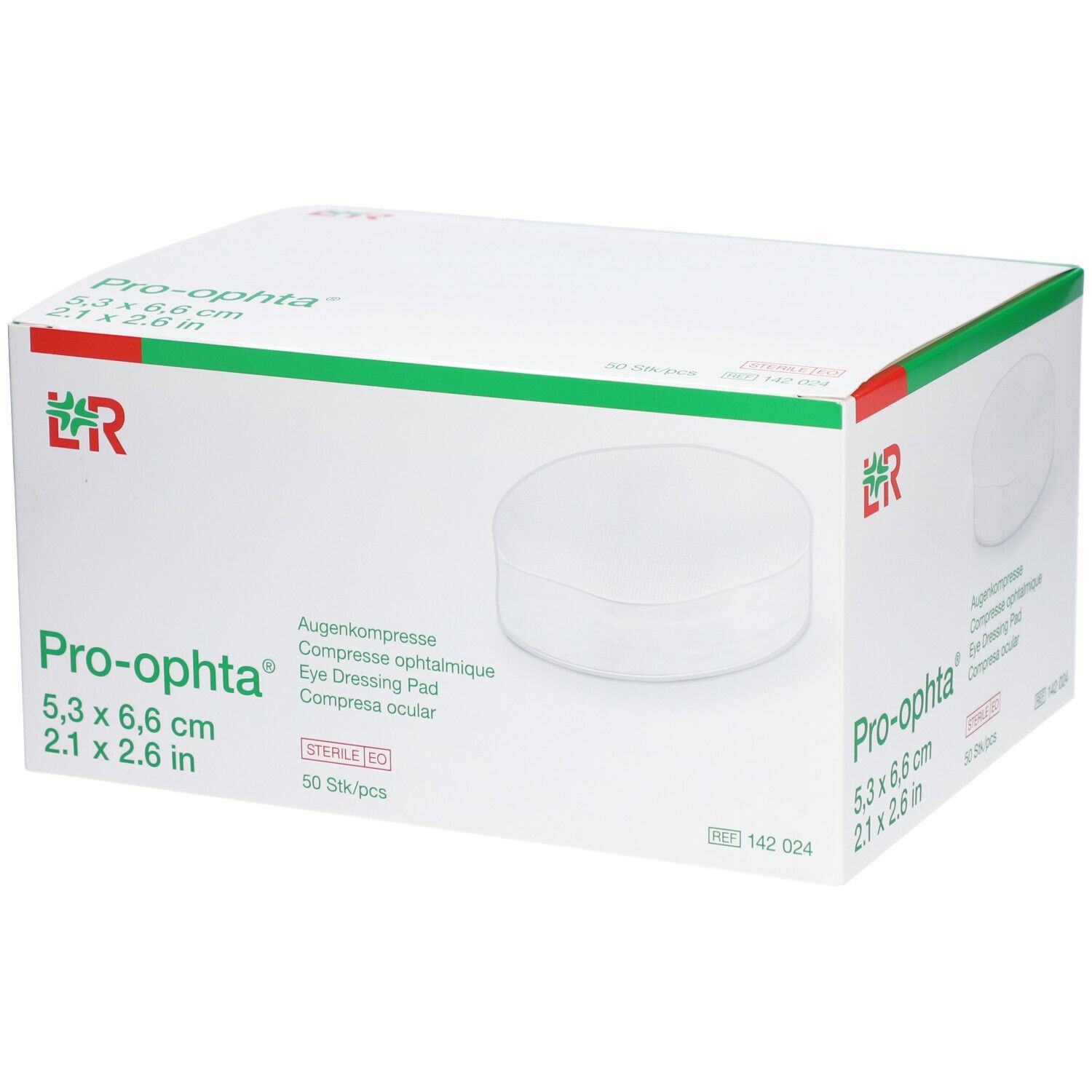 Verpackung von Pro-ophta Augenkompressen. Maße: 5,3 x 6,6 cm. 50 Stück. Sterile EO. Weißer Karton mit grünen und roten Akzenten.