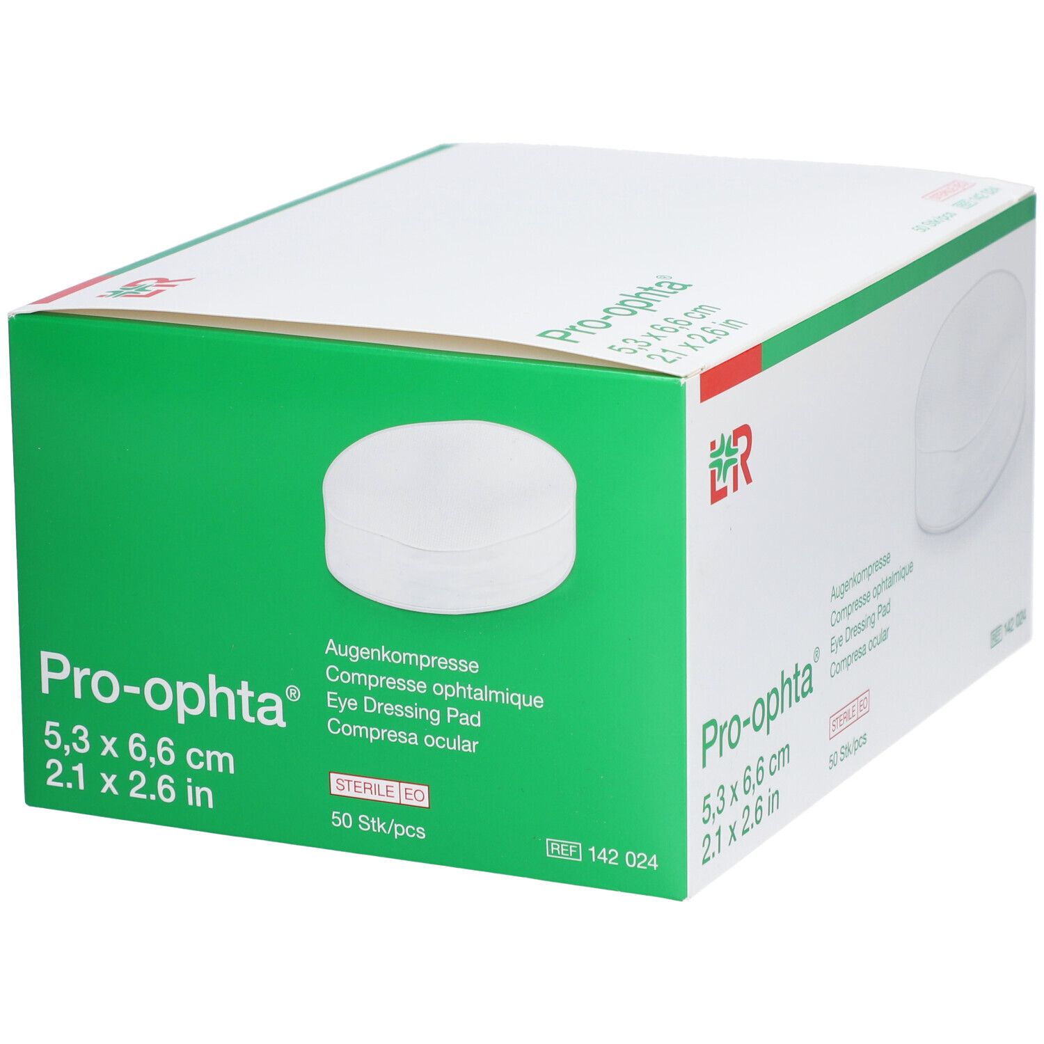 Pro-ophta Augenkompressen-Verpackung. Maße: 5,3 x 6,6 cm. 50 Stück. Sterile EO. Weißer Karton mit grünem Hintergrund.