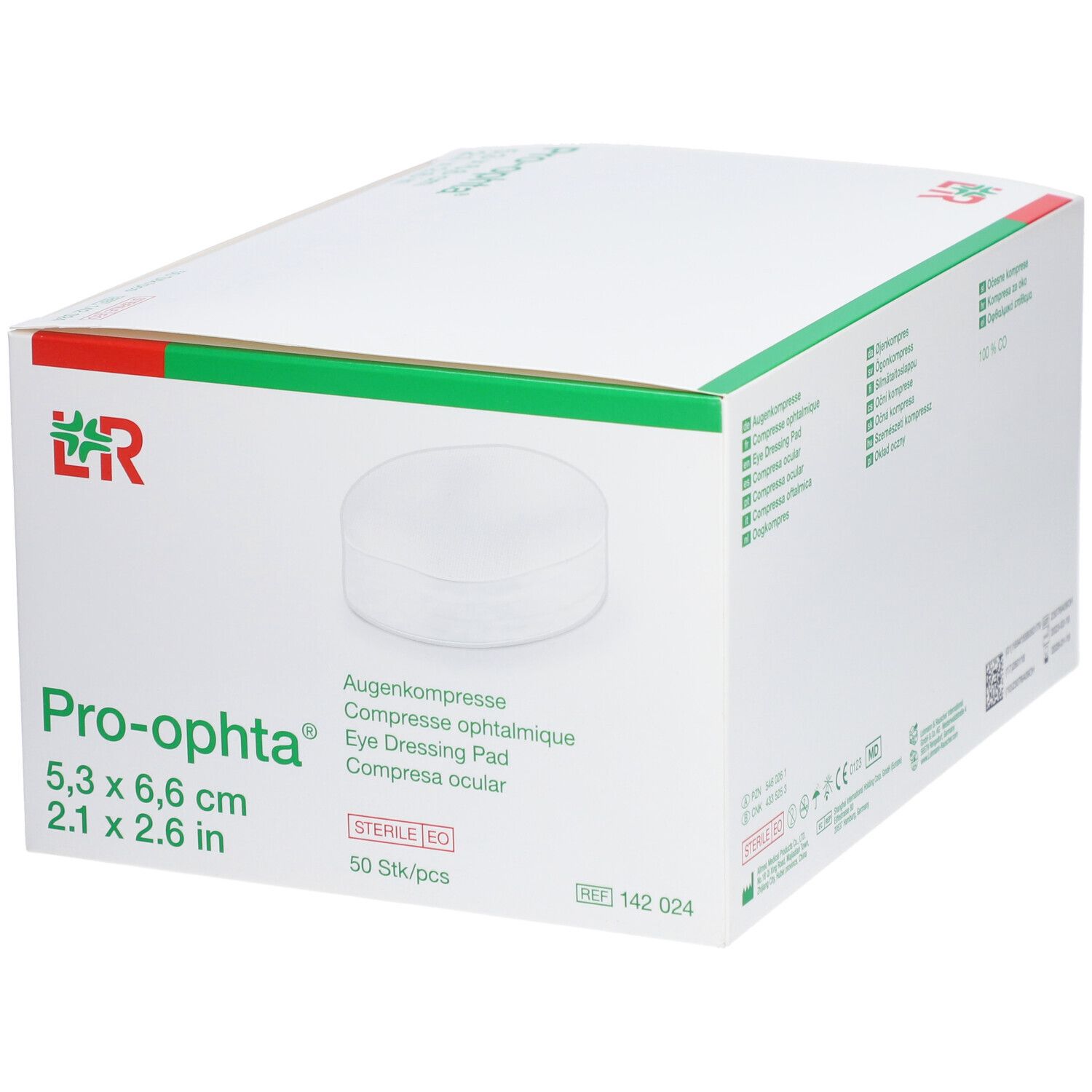 Pro-ophta Augenkompressen-Verpackung. Maße: 5,3 x 6,6 cm. 50 Stück. Sterile EO. Weißer Karton mit grünen und roten Akzenten.