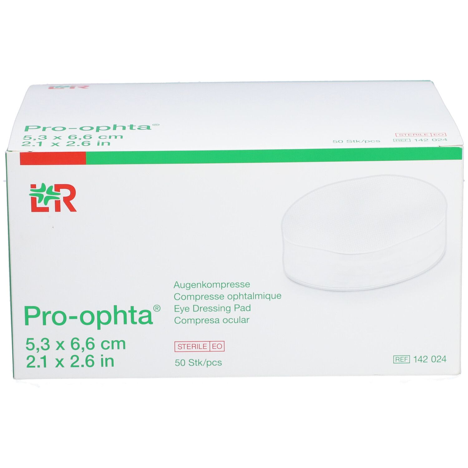 Pro-ophta Augenkompressen-Verpackung. Maße: 5,3 x 6,6 cm. 50 Stück. Sterile EO. Weißer Karton mit grünen und roten Akzenten.