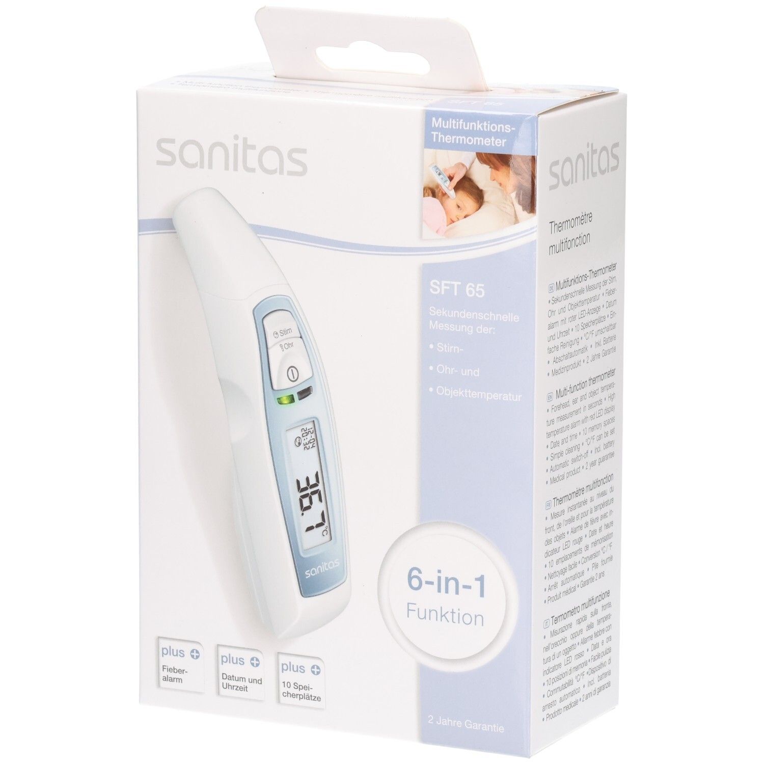 Sanitas SFT 65 Thermometer in Verpackung. Weißes Gerät mit Display, in weißer Box mit Produktinformationen und Logo.