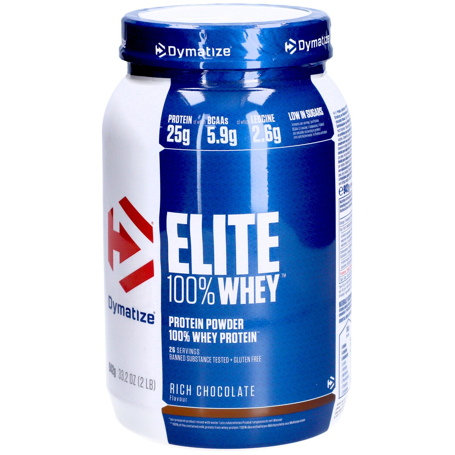 Dymatize Elite 100% Whey Protein Pulver-Behälter. Blaue und weiße Verpackung. Enthält 25g Protein, 5.9g BCAAs, und 2.6g Leucin.