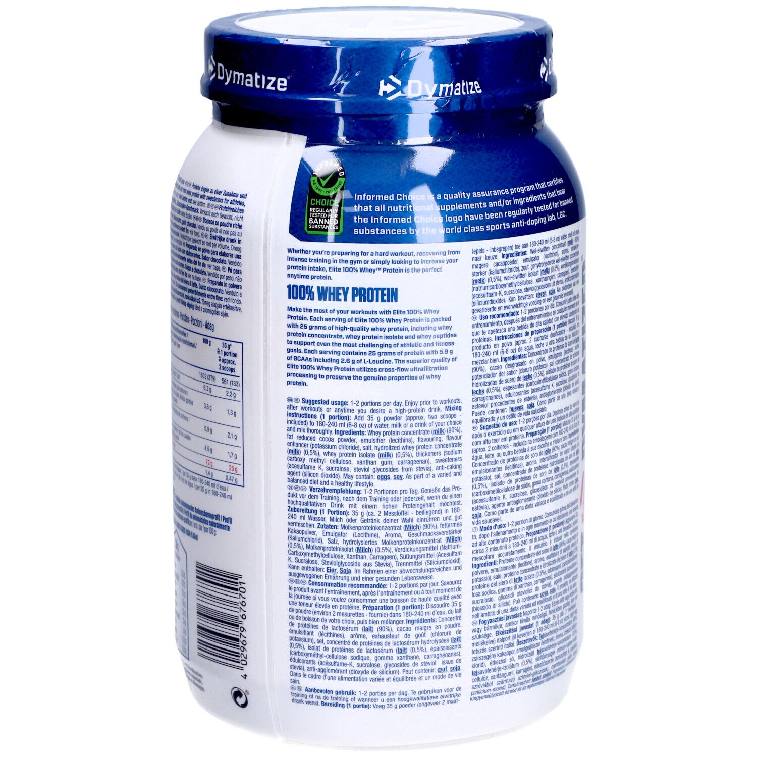 Dymatize Elite 100% Whey Protein Pulver-Behälter. Rückseite mit Text. Enthält 942g. Enthält Informationen über Nährwerte.