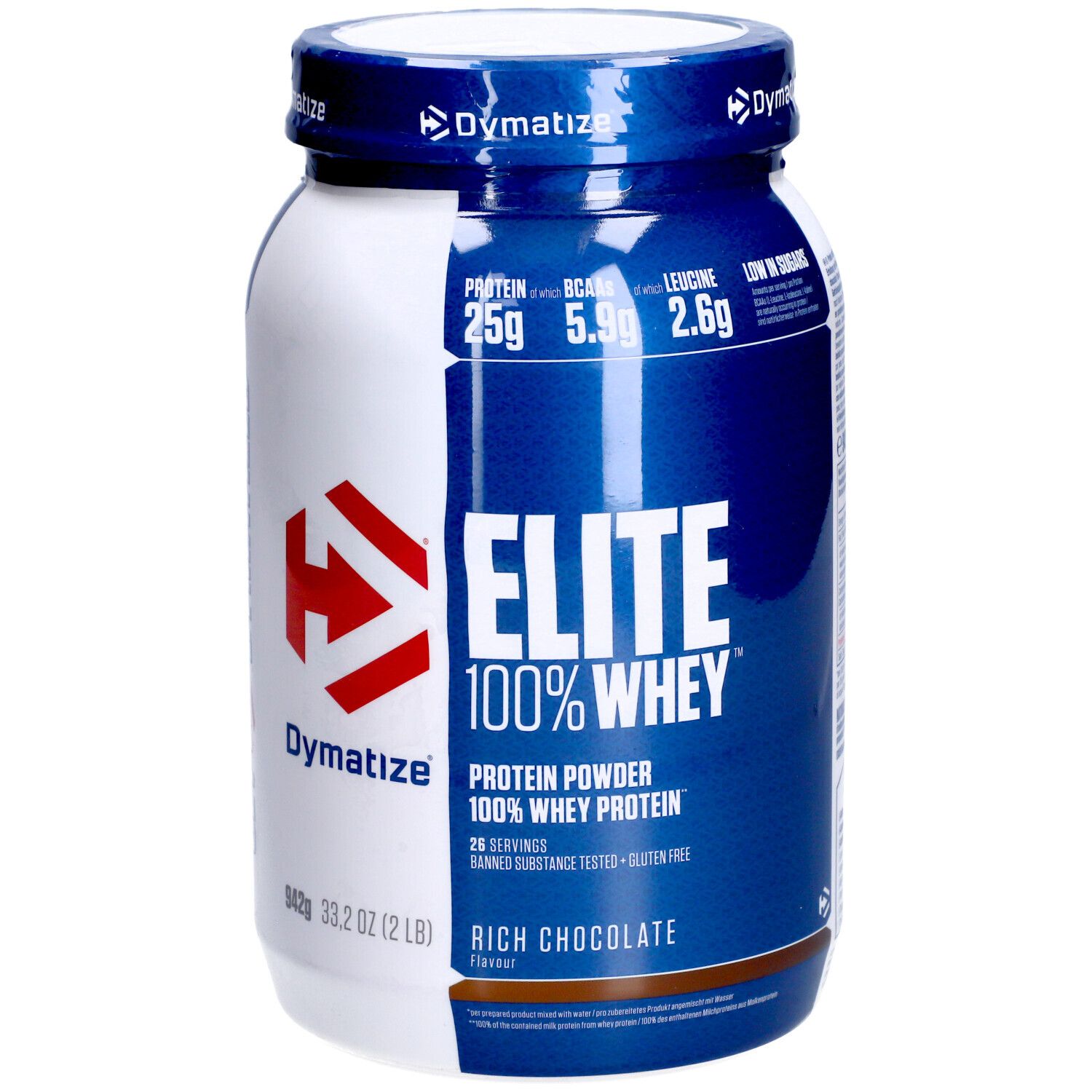 Dymatize Elite 100% Whey Protein Pulver-Behälter. Blaue und weiße Verpackung. Enthält 25g Protein, 5.9g BCAAs, und 2.6g Leucin.