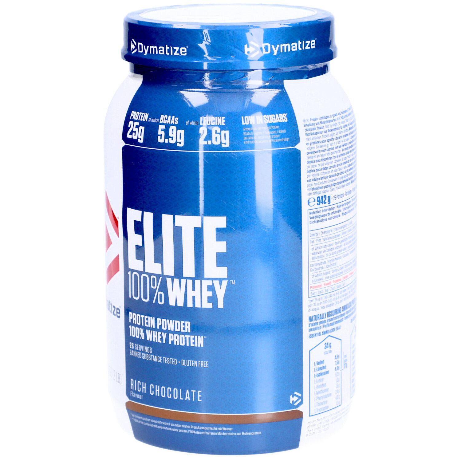 Dymatize Elite 100% Whey Protein Pulver-Behälter. Blaue und weiße Verpackung. Enthält 25g Protein, 5.9g BCAAs, und 2.6g Leucin.