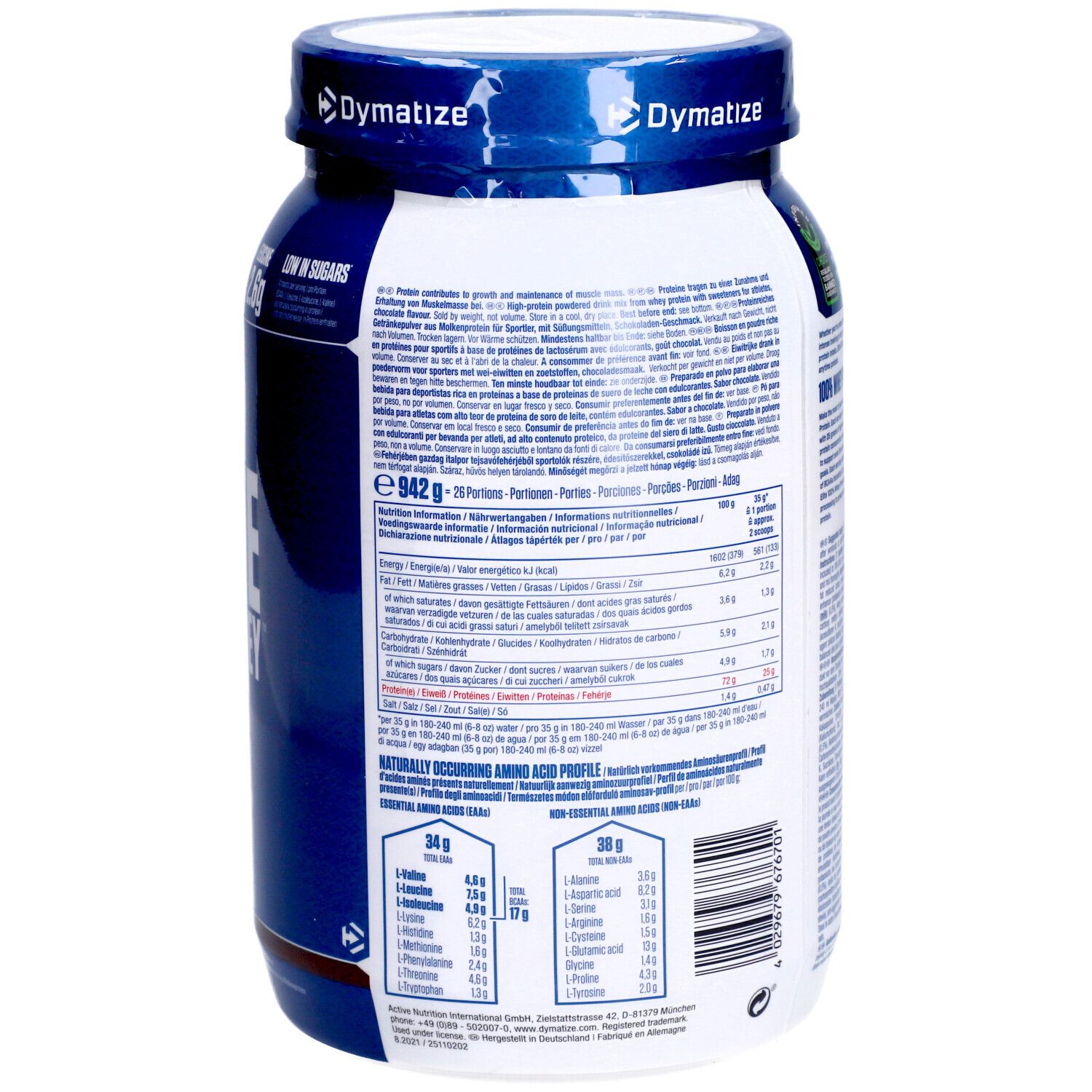 Dymatize Elite 100% Whey Protein Pulver-Behälter. Rückseite mit Text. Enthält 942g. Aminosäureprofil.