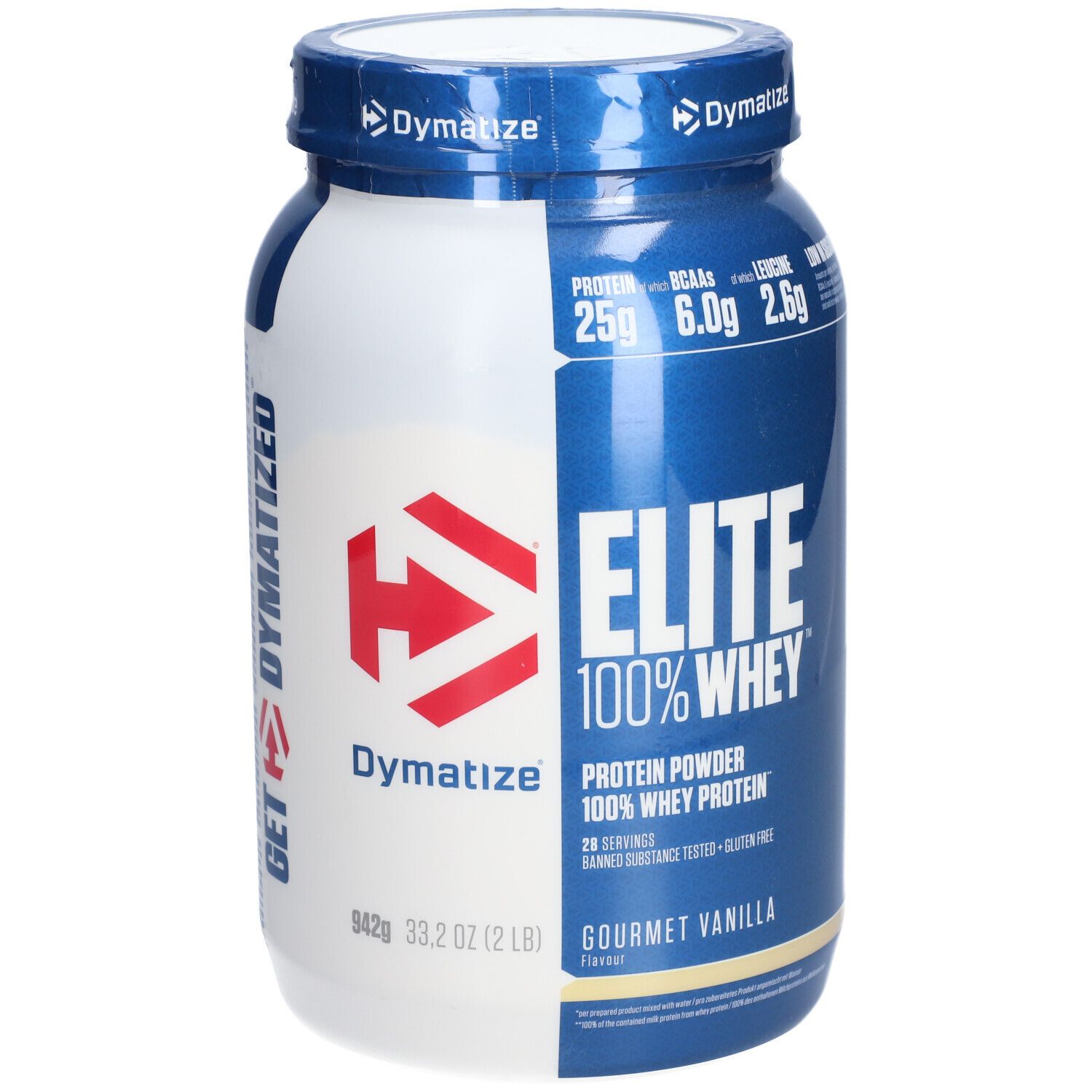Boîte bleue et blanche DYMATIZE Elite 100% Whey. Contient 25g protéines, 6.0g BCAA, 2.6g leucine. Saveur vanille.
