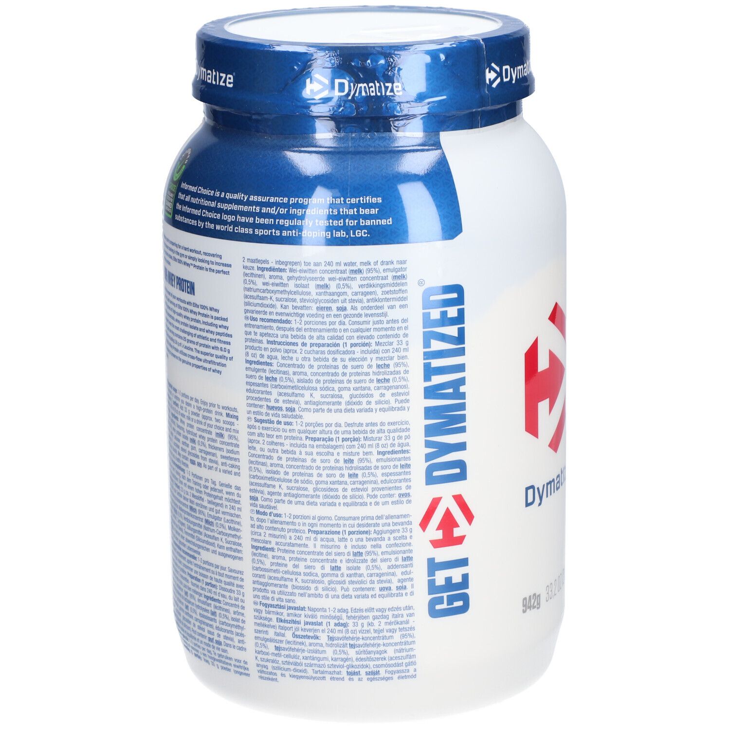 Dos d'une boîte blanche et bleue DYMATIZE Elite 100% Whey. Informations textuelles et logo.