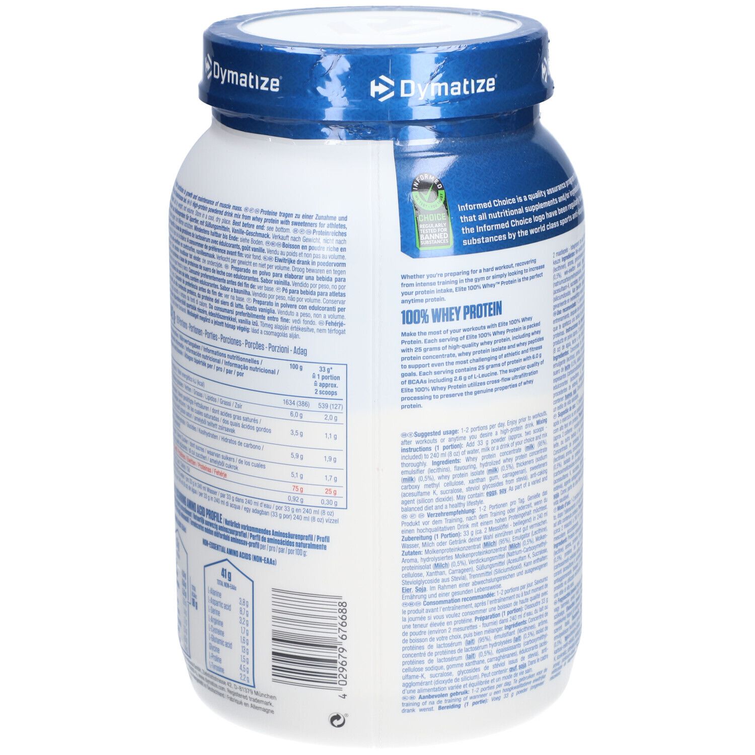 Dos d'une boîte blanche et bleue DYMATIZE Elite 100% Whey. Informations textuelles et valeurs nutritionnelles.