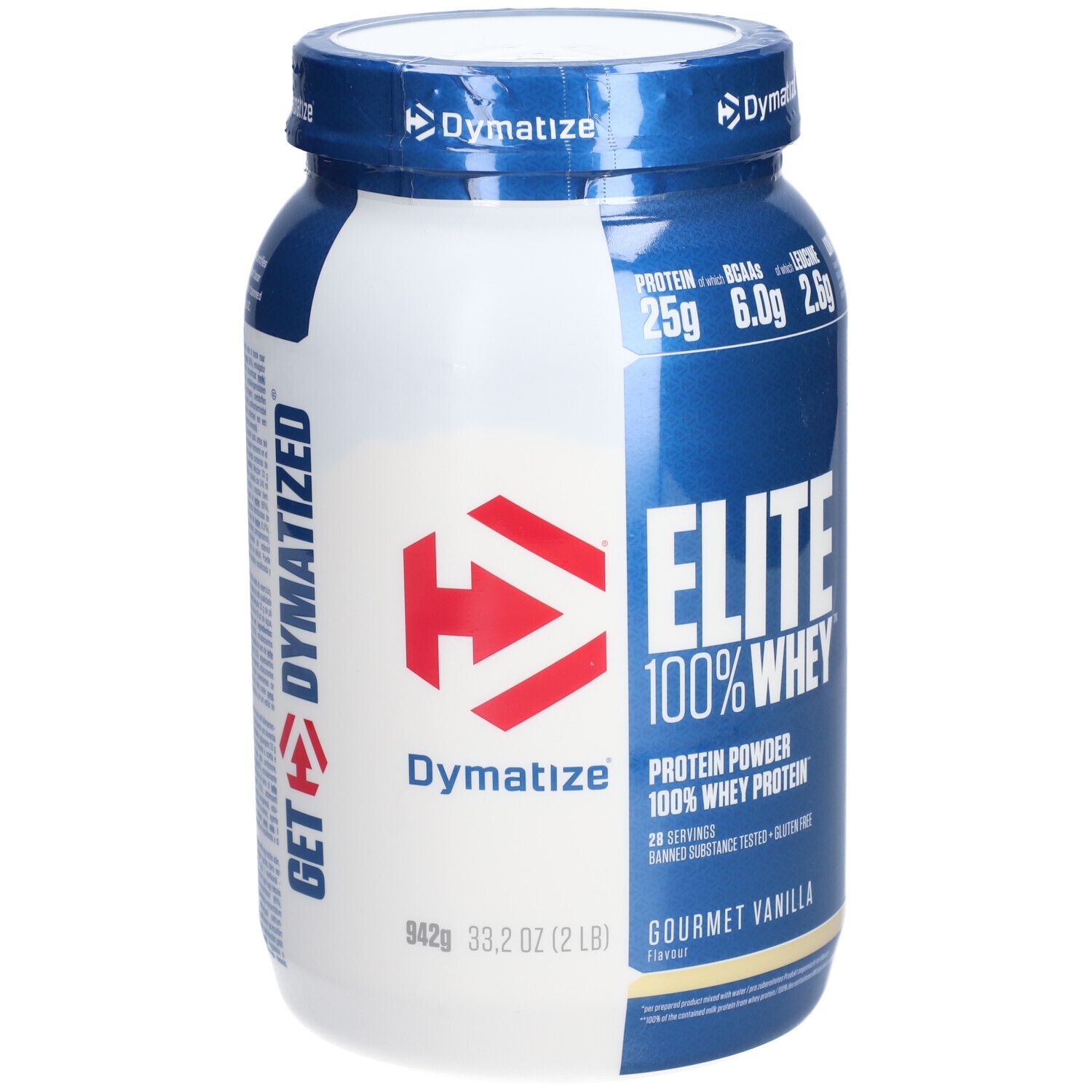 Boîte bleue et blanche DYMATIZE Elite 100% Whey. Contient 25g protéines, 6.0g BCAA, 2.6g leucine. Vanille.