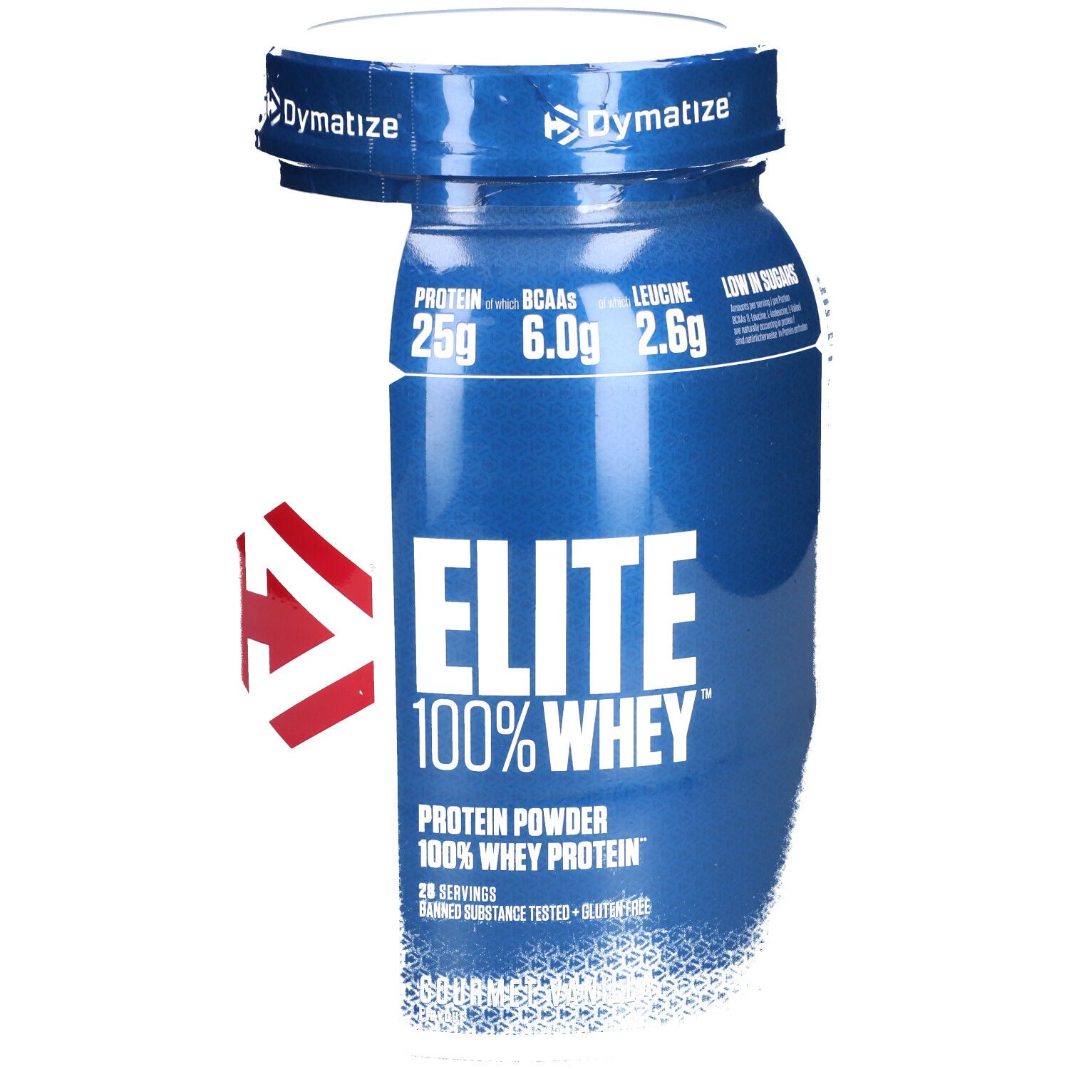 Boîte bleue DYMATIZE Elite 100% Whey. Contient 25g protéines, 6.0g BCAA, 2.6g leucine. Vanille.