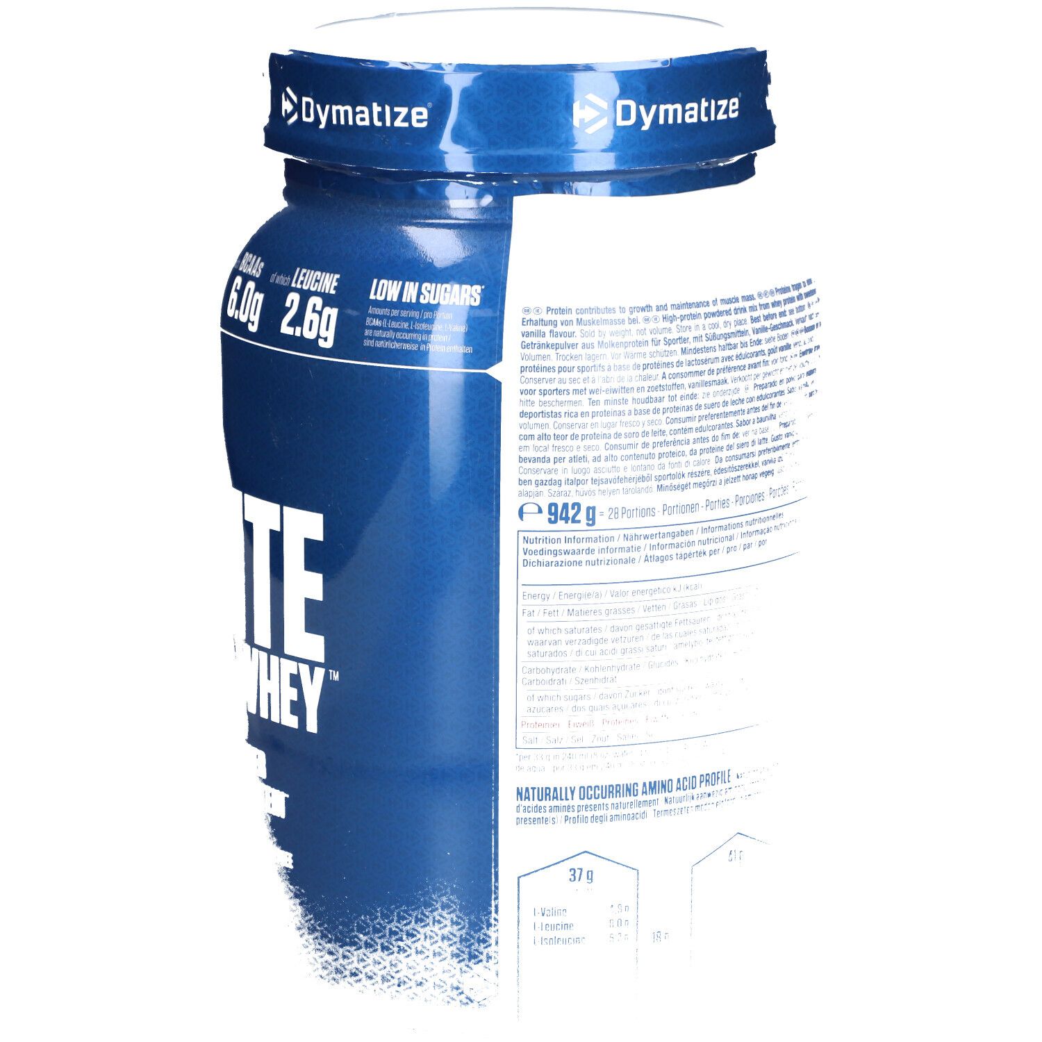 Boîte bleue et blanche DYMATIZE Elite 100% Whey. Contient 6.0g BCAA, 2.6g leucine. Informations textuelles.