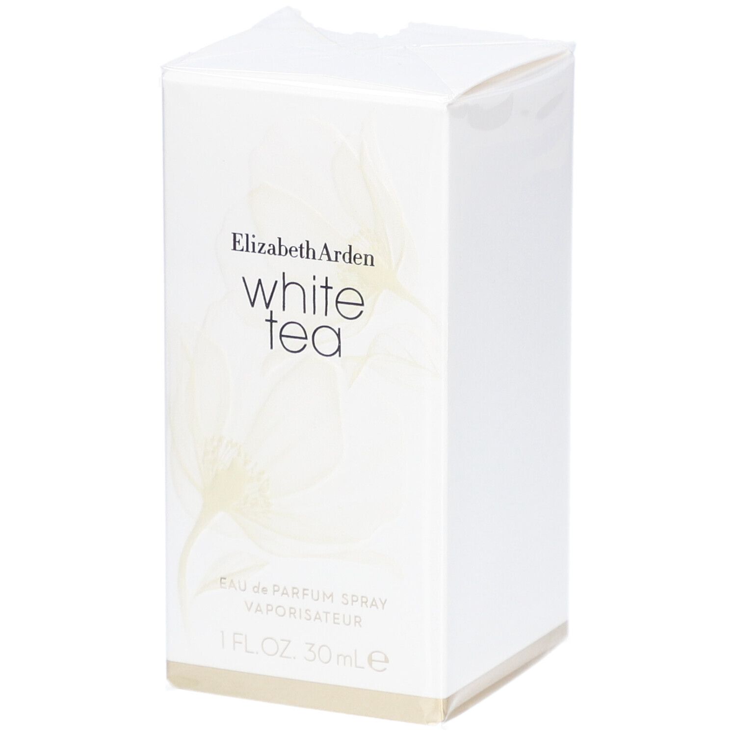 Weiße Verpackung mit Elizabeth Arden White Tea. Aufdruck: Eau de Parfum Spray, 1 FL.OZ. 30 ml e.