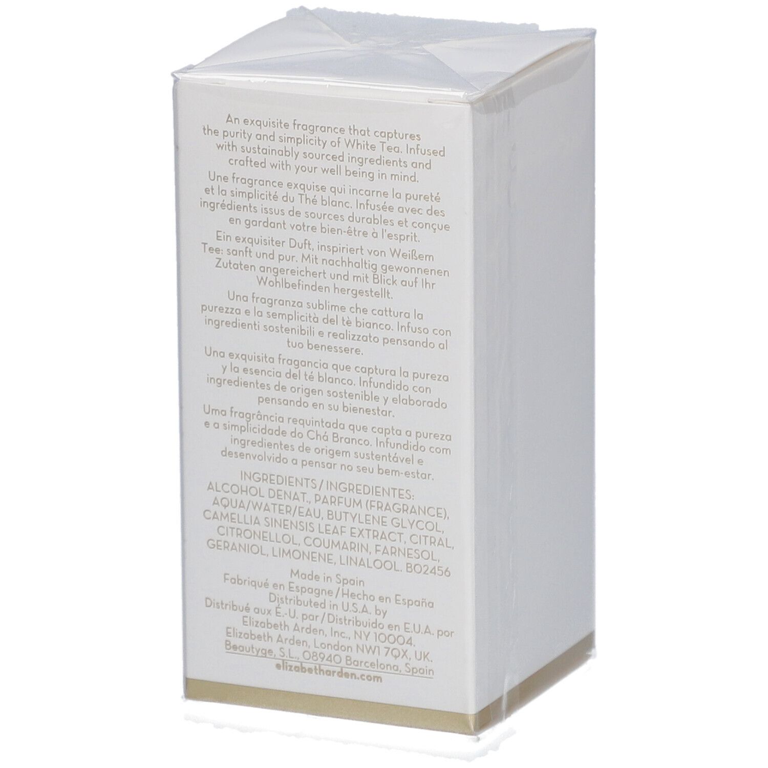 Weiße Verpackung Elizabeth Arden White Tea. Text auf mehreren Sprachen. Inhaltsstoffe und Herstellerangaben.