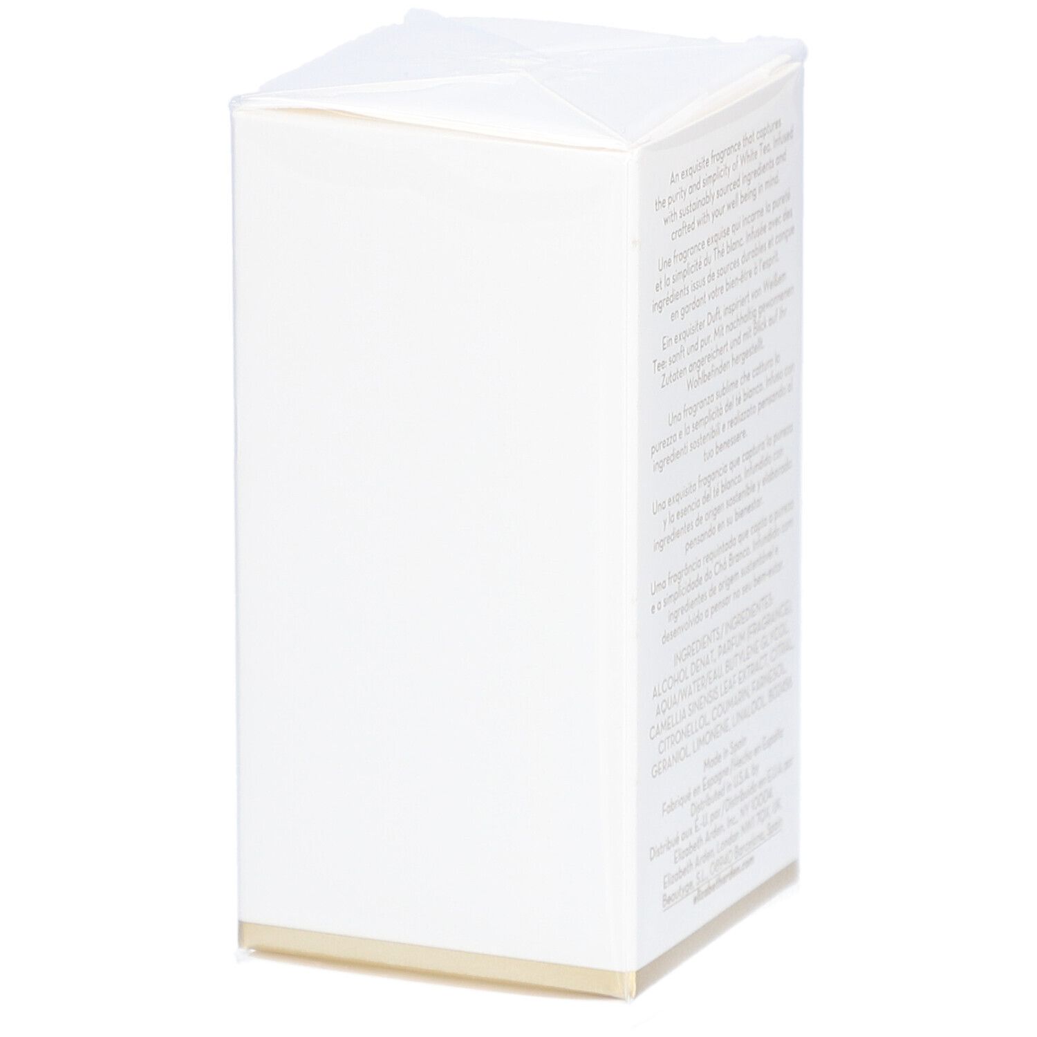 Weiße Verpackung Elizabeth Arden White Tea. Text auf mehreren Sprachen. Inhaltsstoffe und Herstellerangaben.