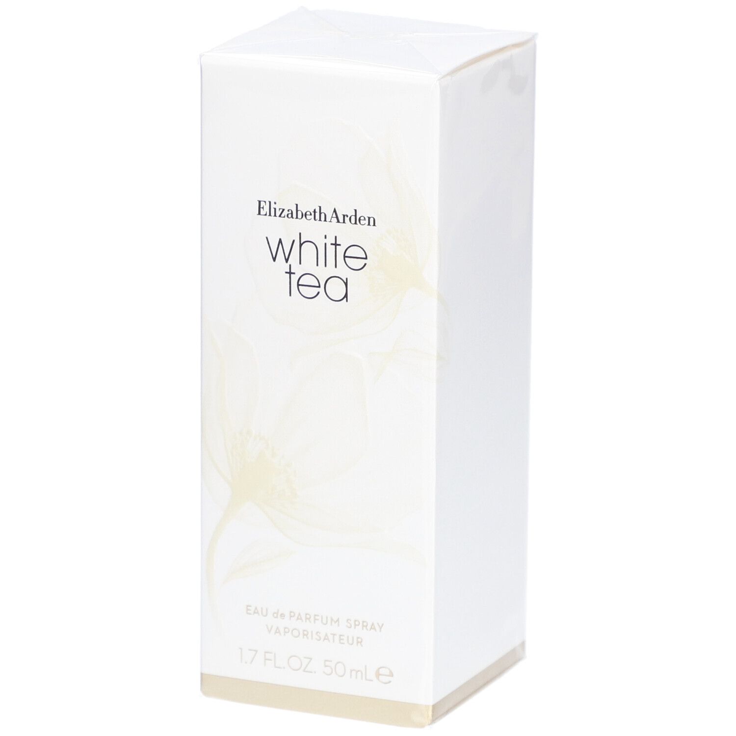 Weiße rechteckige Schachtel mit Elizabeth Arden White Tea. Aufschrift: Eau de Parfum Spray, 1.7 FL.OZ. 50ml e.