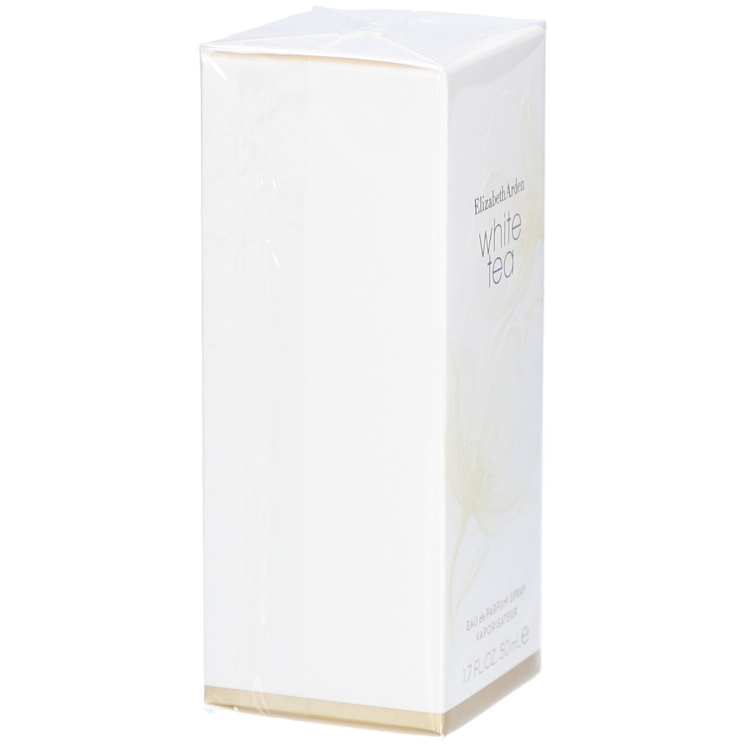 Weiße rechteckige Schachtel, Elizabeth Arden White Tea. Aufschrift: Eau de Parfum Spray, 1.7 FL.OZ. 50ml e. Verpackt.