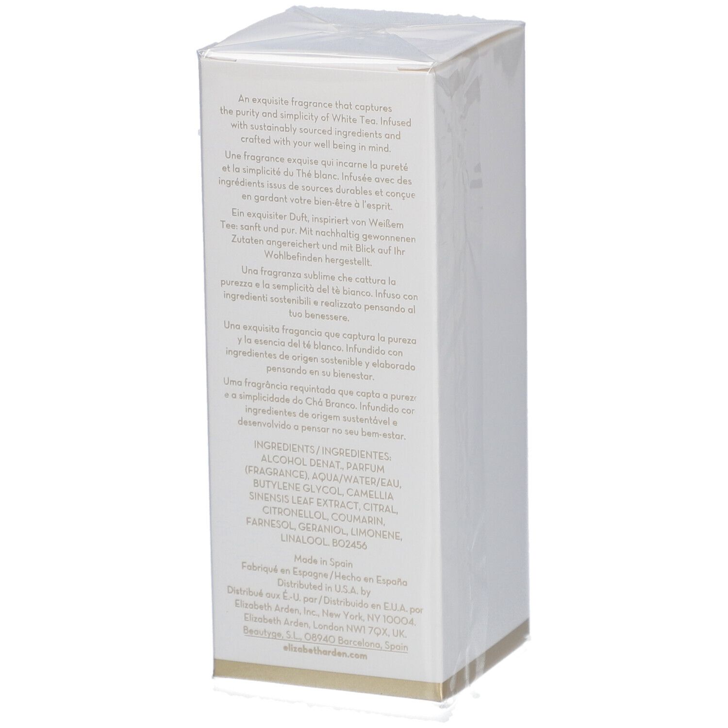 Weiße rechteckige Schachtel mit Text. Aufschrift: Elizabeth Arden White Tea. Inhaltsstoffe, hergestellt in Spanien.