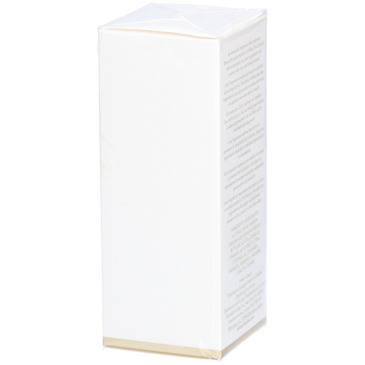 Weiße rechteckige Schachtel mit Text. Aufschrift: Elizabeth Arden White Tea. Text über Inhaltsstoffe und Hersteller.
