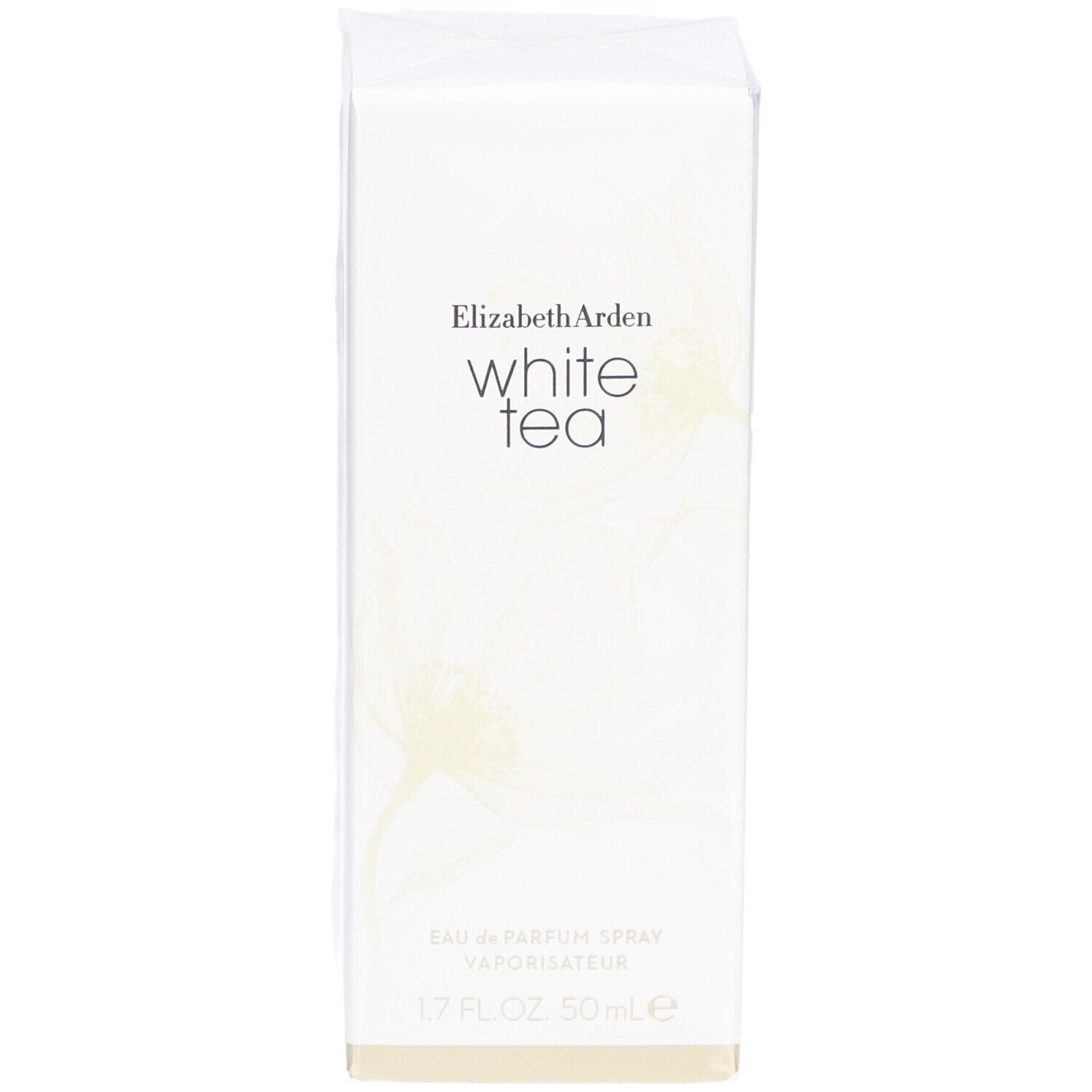 Weiße rechteckige Schachtel mit Elizabeth Arden White Tea. Aufschrift: Eau de Parfum Spray, 1.7 FL.OZ. 50ml e.