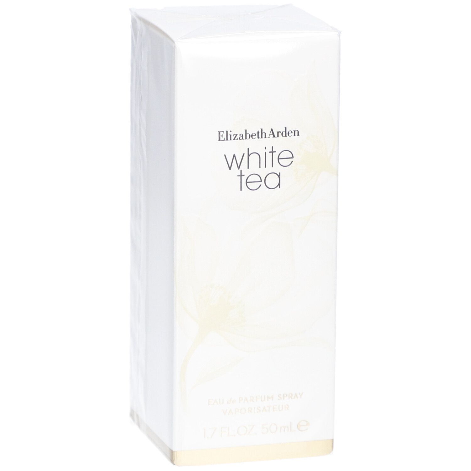 Weiße rechteckige Schachtel mit Elizabeth Arden White Tea. Aufschrift: Eau de Parfum Spray, 1.7 FL.OZ. 50ml e.