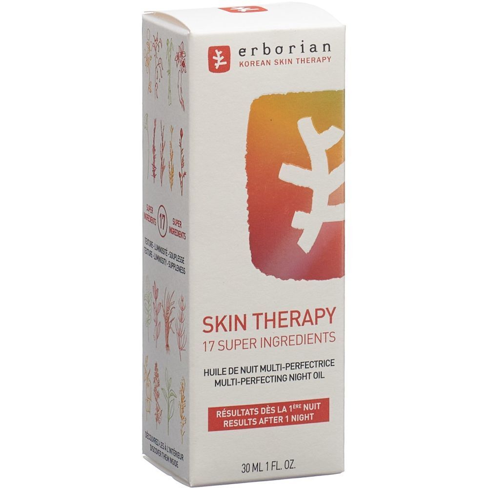 Weißer Karton mit Produktinformationen. Erborian Skin Therapy, 17 Super Ingredients. Aufdrucke in Englisch und Französisch.