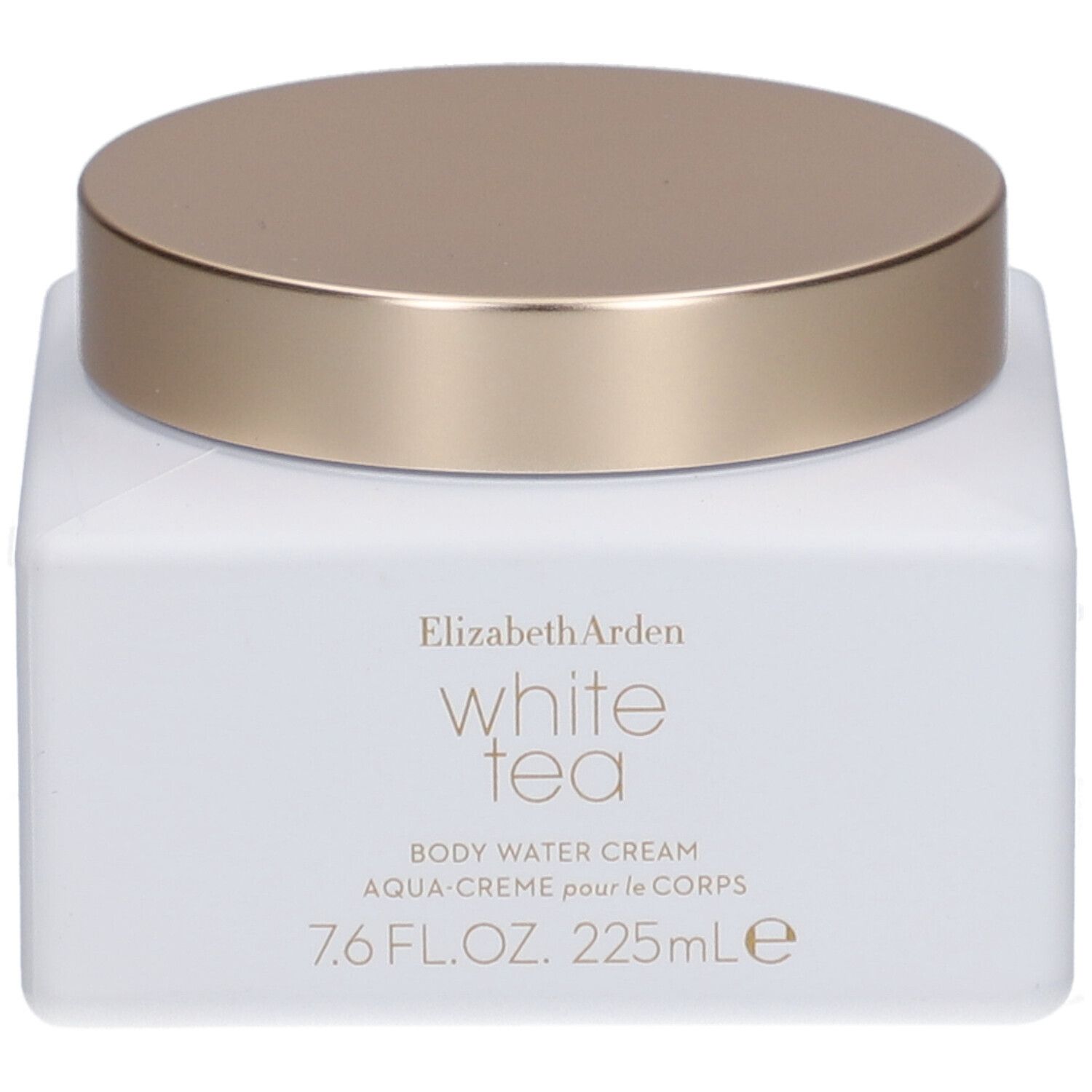 Weißer, quadratischer Tiegel mit goldenem Deckel. Aufschrift: Elizabeth Arden White Tea Body Water Cream.